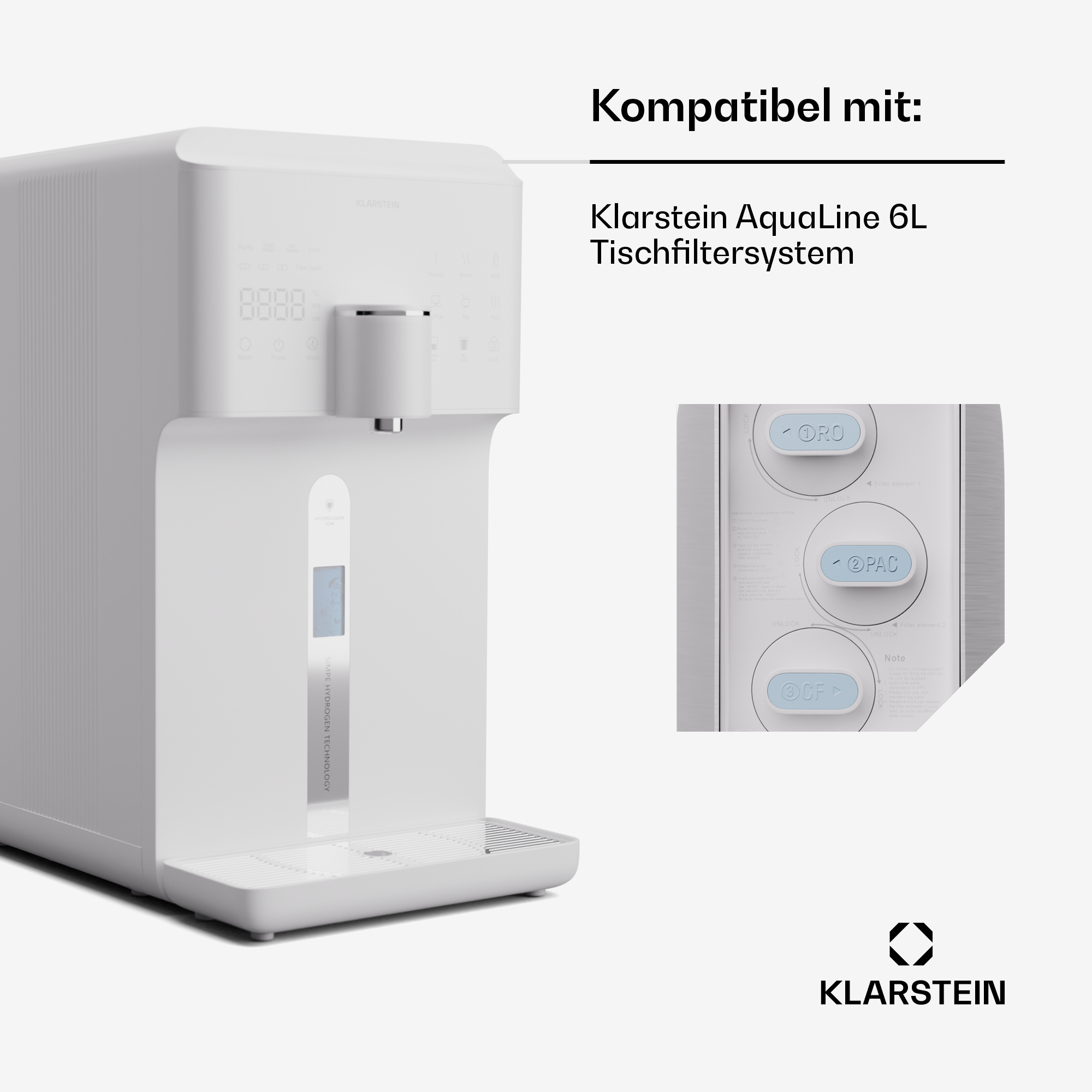 Weißer Wasserfilter mit Digitalanzeige und Nahaufnahme von Knöpfen. Der Text lautet 'Klarstein'.