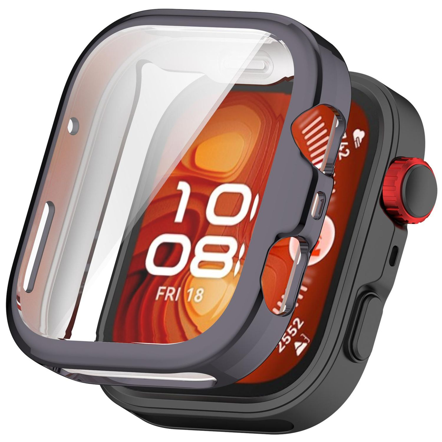 Schwarzes und rotes Apple Watch Gehäuse. Es hat eine transparente Bildschirmabdeckung. Die Uhrzeit wird angezeigt.