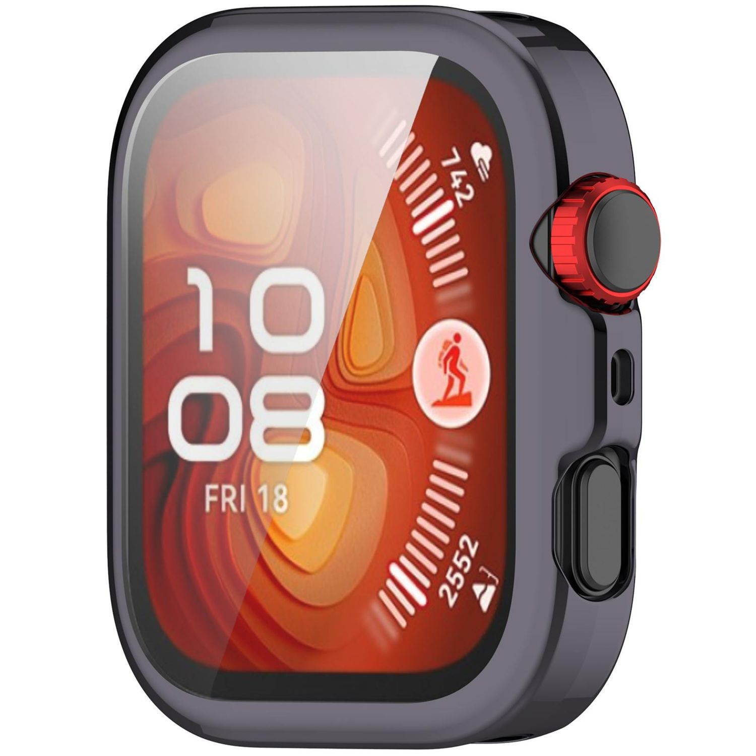 Eine Smartwatch mit grauem Gehäuse, roter Taste und einem Bildschirm mit Uhrzeit und Aktivitätsmetriken.
