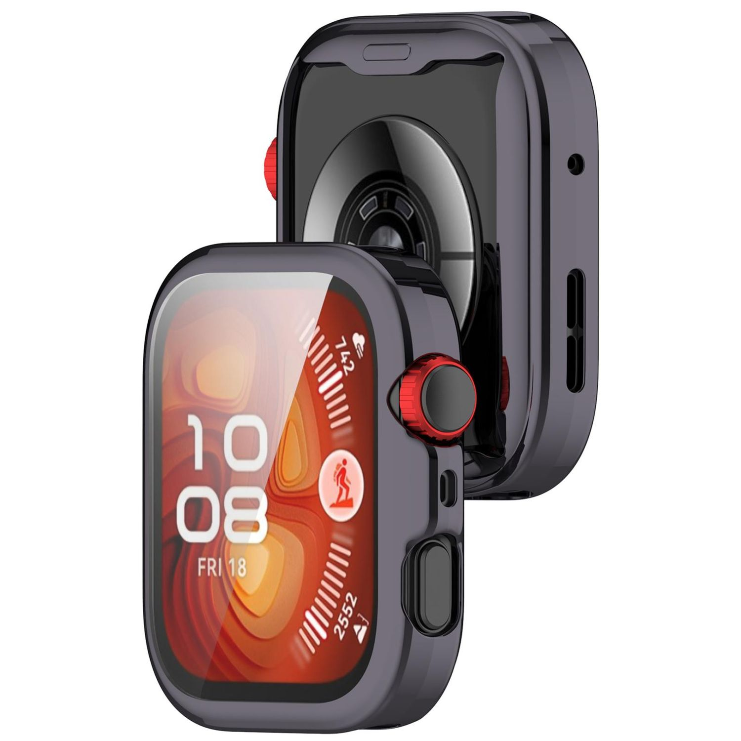 Smartwatch mit grauem Gehäuse und rotem Knopf, zeigt das Zifferblatt mit Zeit- und Aktivitätsdaten.
