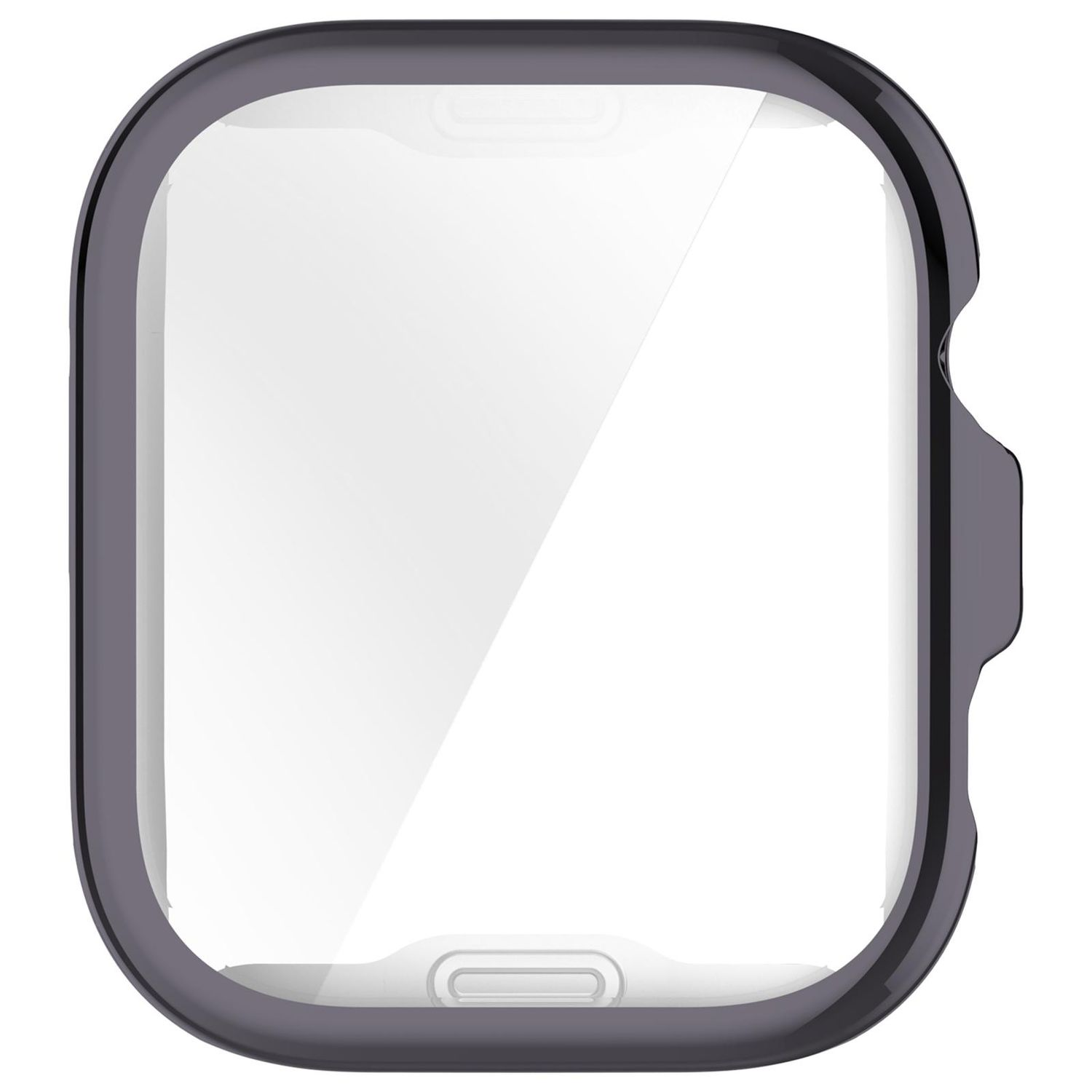 Ein quadratisches, dunkelgraues Apple Watch Gehäuse. Es hat einen transparenten Bildschirm und eine abgerundete Form.