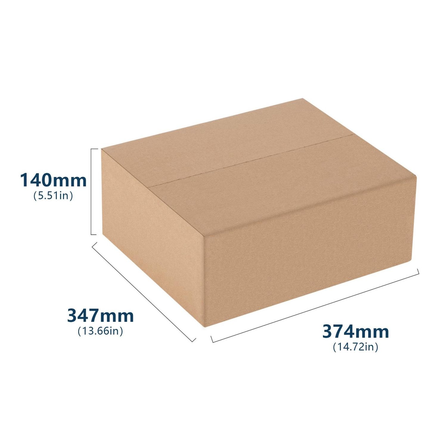 Scatola di cartone con dimensioni: 140 mm, 347 mm e 374 mm. Sfondo bianco.