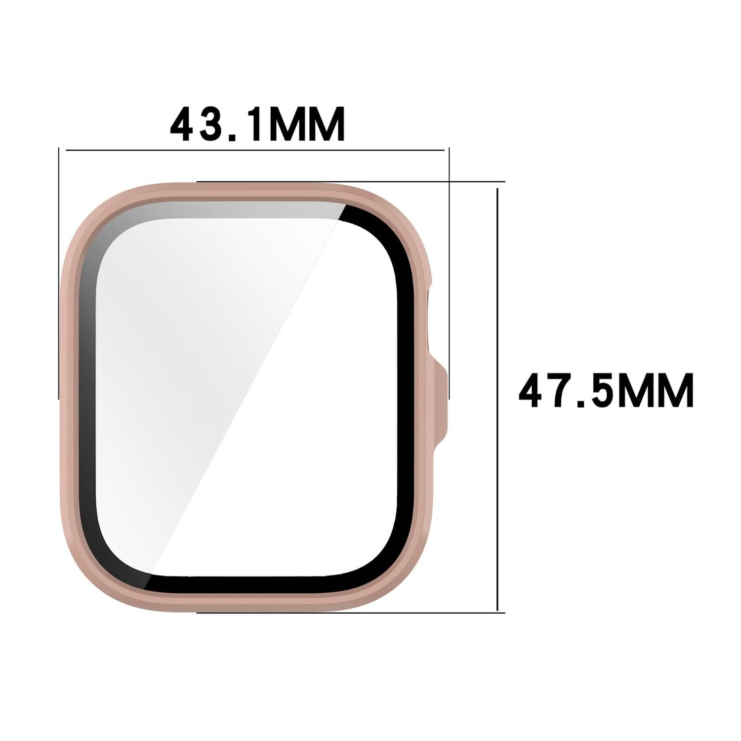 Un proteggi schermo quadrato con dimensioni di 43,1 mm x 47,5 mm. Il proteggi schermo è color oro rosa.