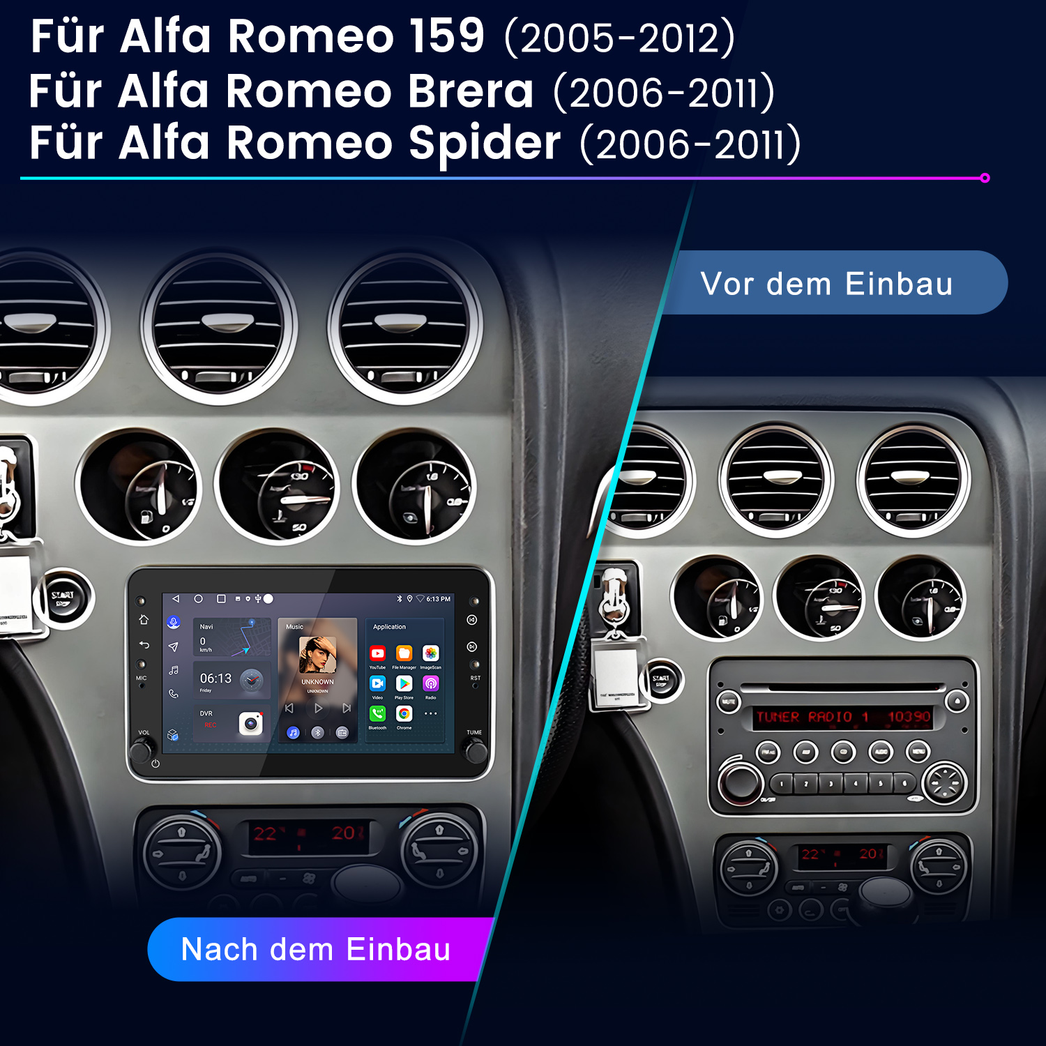 Armaturenbrett eines Autos mit neu installiertem Infotainment-Bildschirm, neben dem ursprünglichen Armaturenbrett.