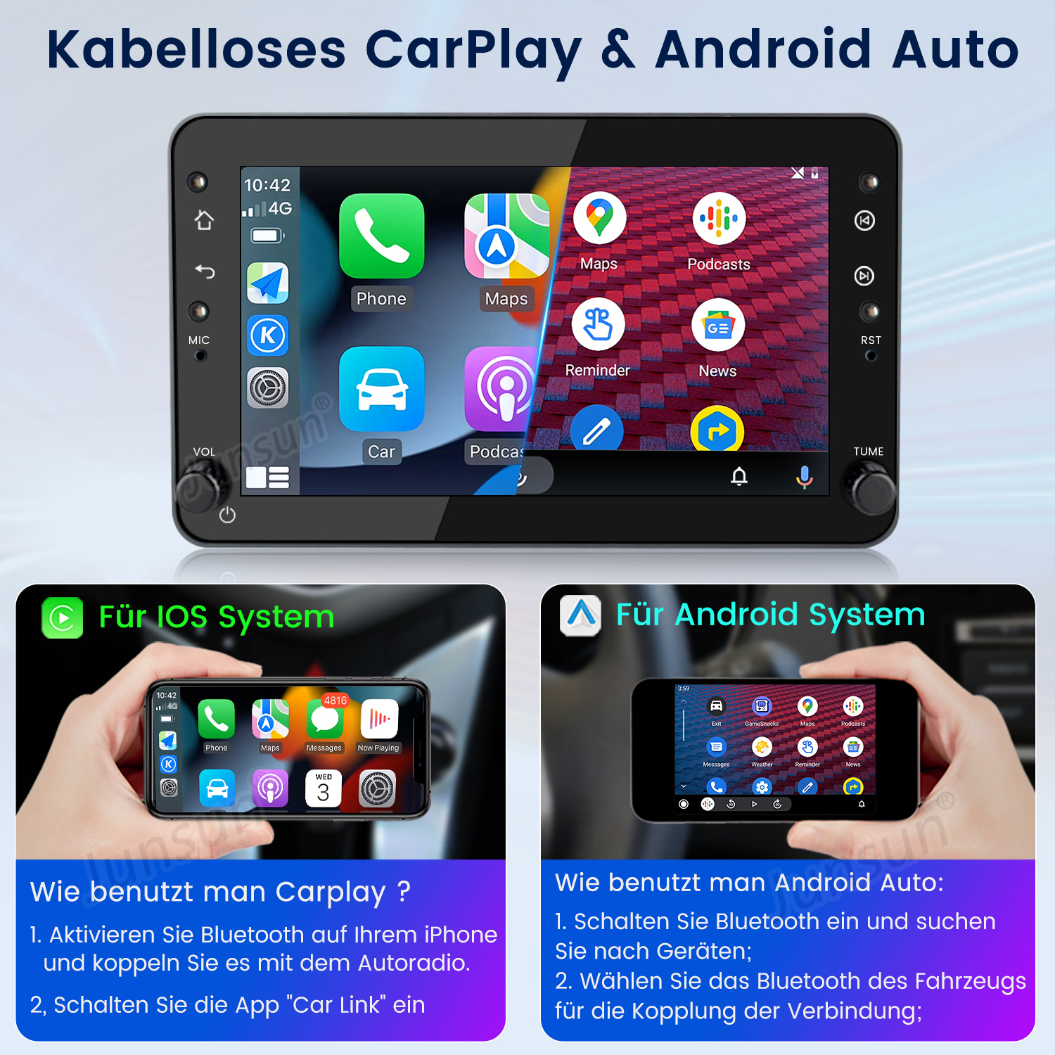 Auto-Multimedia-Bildschirme mit Apple CarPlay- und Android Auto-Oberflächen, mit Anweisungen zur Verwendung.