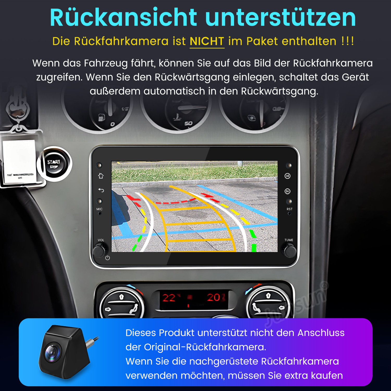 Auto-Multimedia-Bildschirm, der ein Rückfahrkamerabild zeigt. Der Bildschirm ist in einem Armaturenbrett eingebaut.