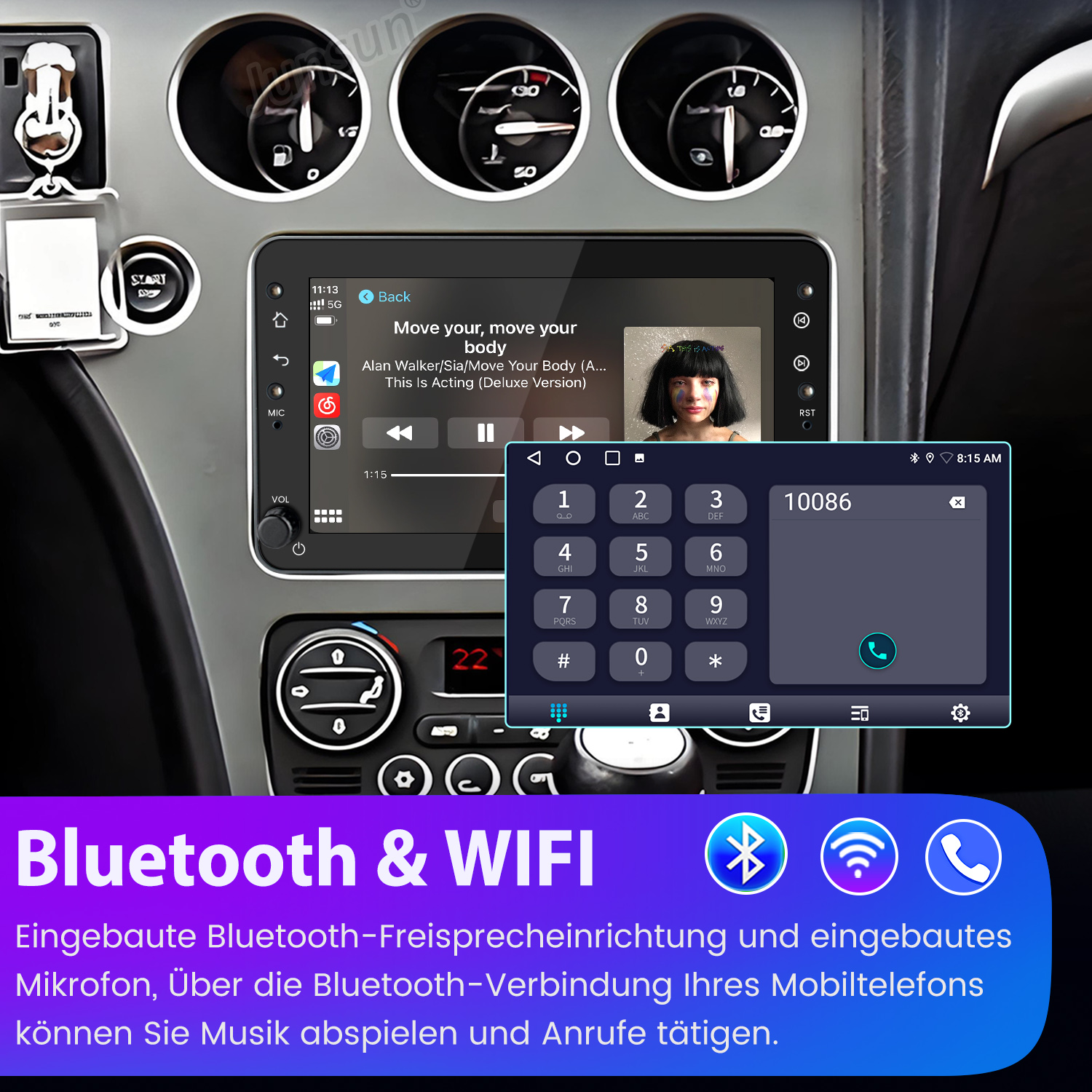 Auto-Armaturenbrettbildschirm, der Musik und Telefongesprächs-Oberfläche anzeigt. Bluetooth- und WLAN-Logos sichtbar.