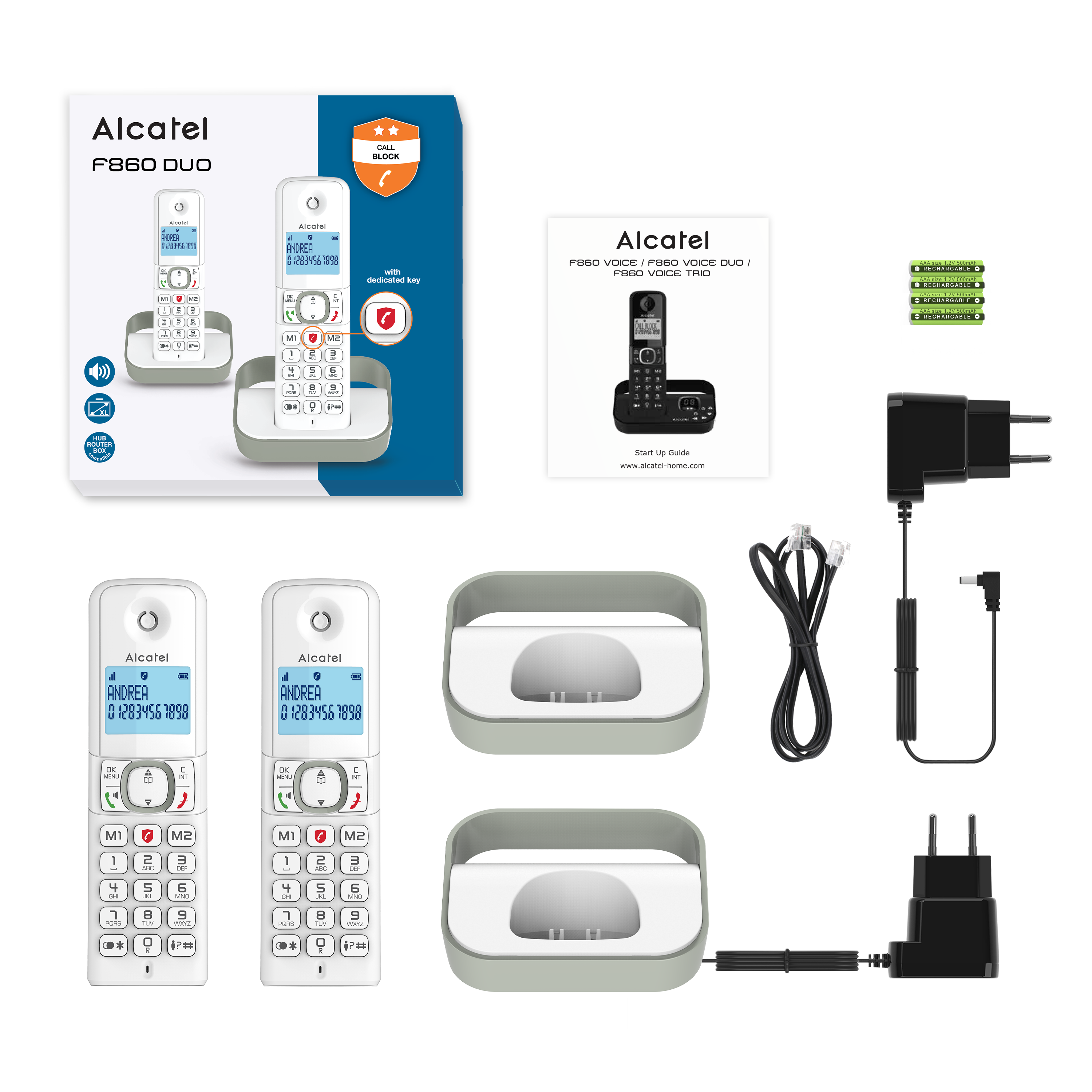 Un conjunto de teléfonos inalámbricos, cargadores y accesorios. Diseño dispuesto para presentación.