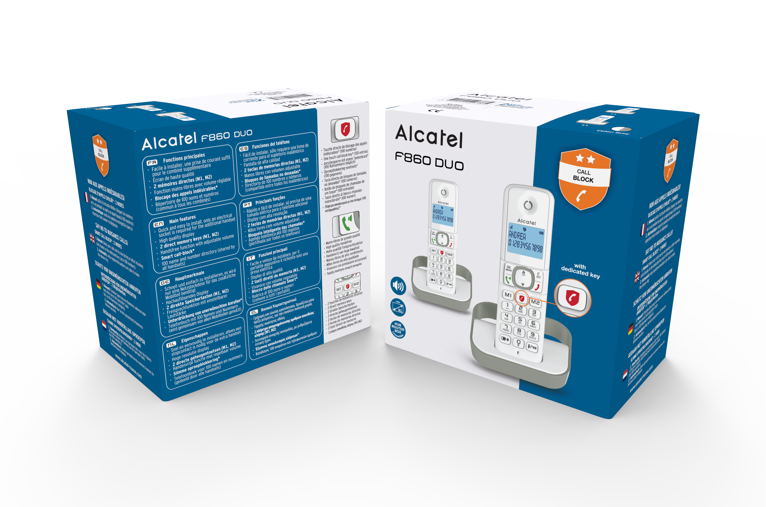 Dos cajas de teléfono con teléfonos. Alcatel F860 DUO. Caja azul y blanca.