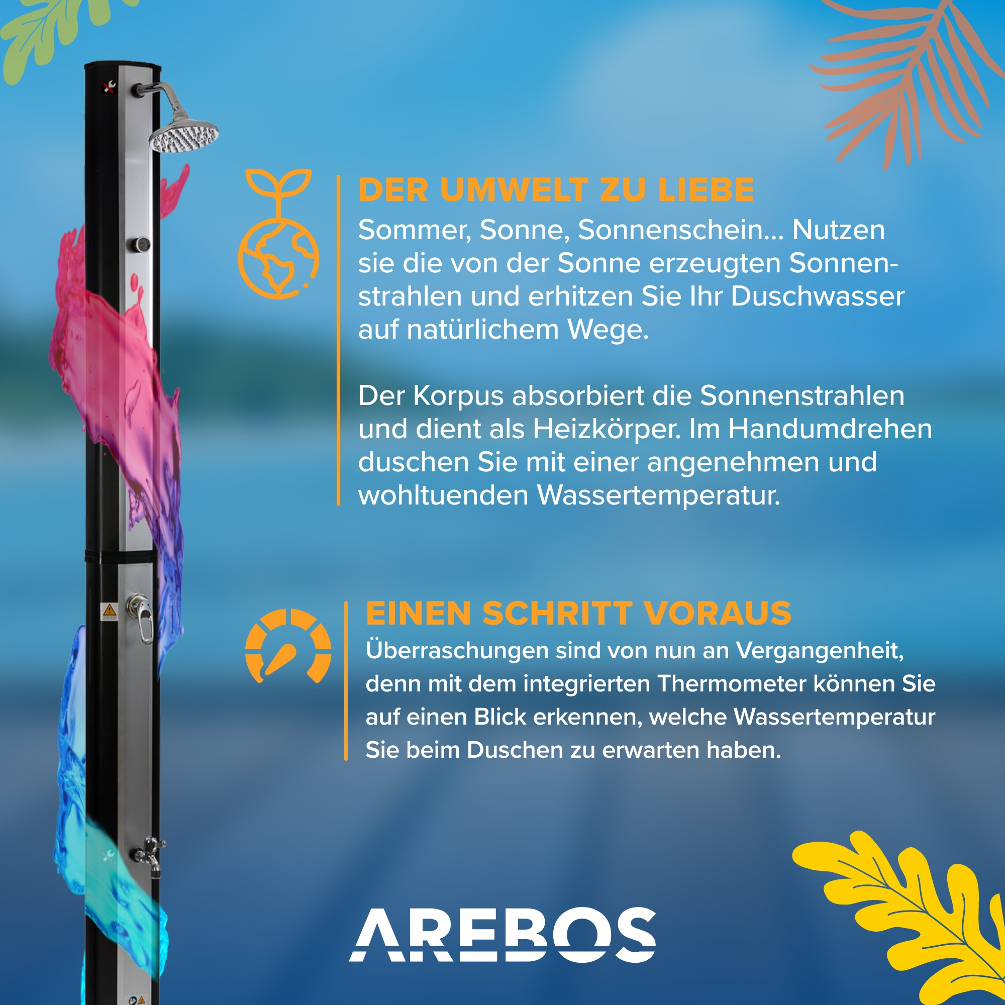 Außendusche mit Text. Dusche ist schwarz mit silbernen Akzenten. Bunte Wasserspritzer links.