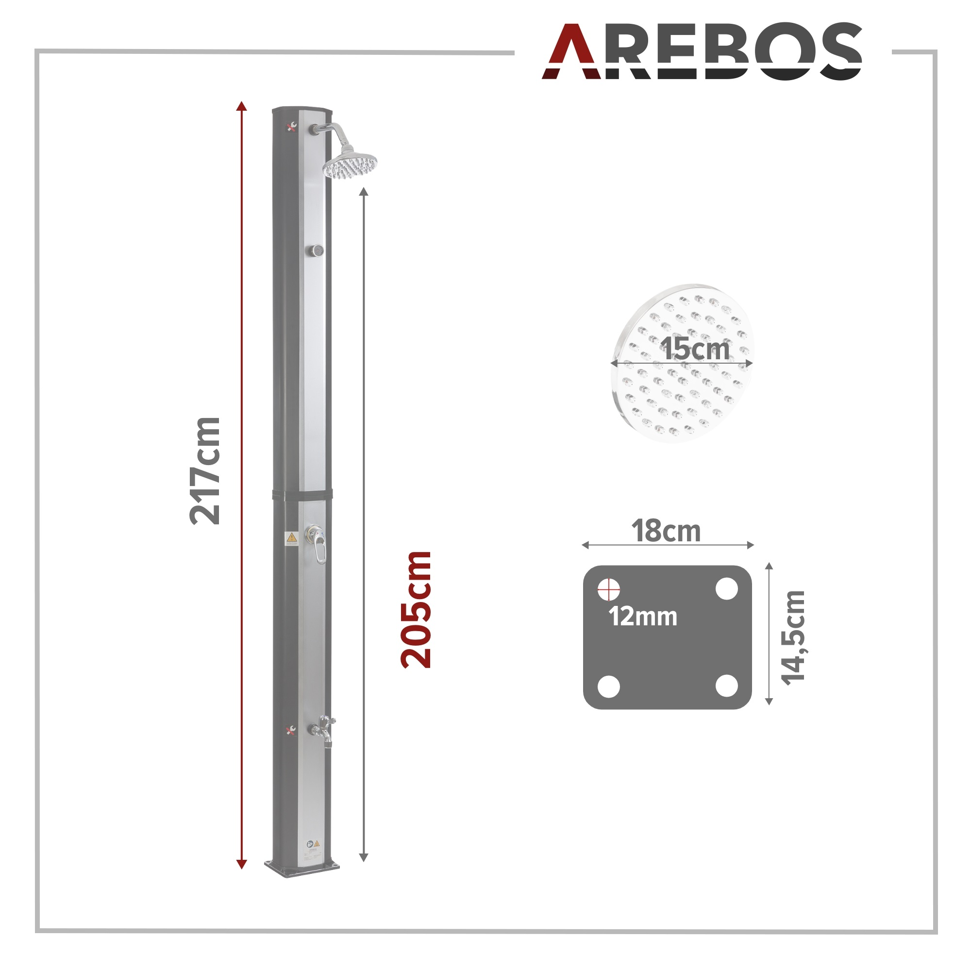 Diagramm mit Abmessungen einer Außendusche. Inklusive Höhen- und Grundmaßen. AREBOS-Logo sichtbar.