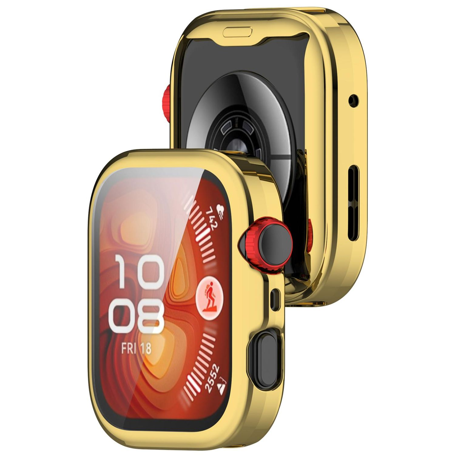 Das goldene Apple Watch-Gehäuse mit rotem Knopf und schwarzem Armband bietet vollständigen Schutz für die Uhr.