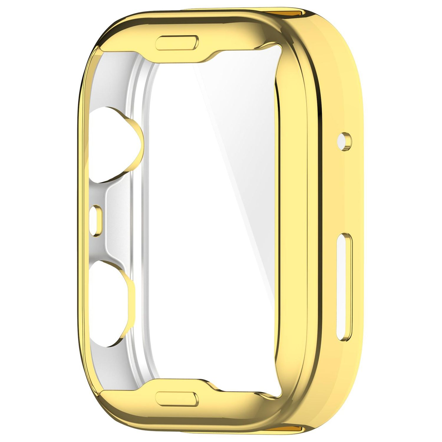 Ein goldenes Apple Watch-Gehäuse mit rotem Knopf und schwarzem Armband bietet vollständige Abdeckung des Zifferblatts.
