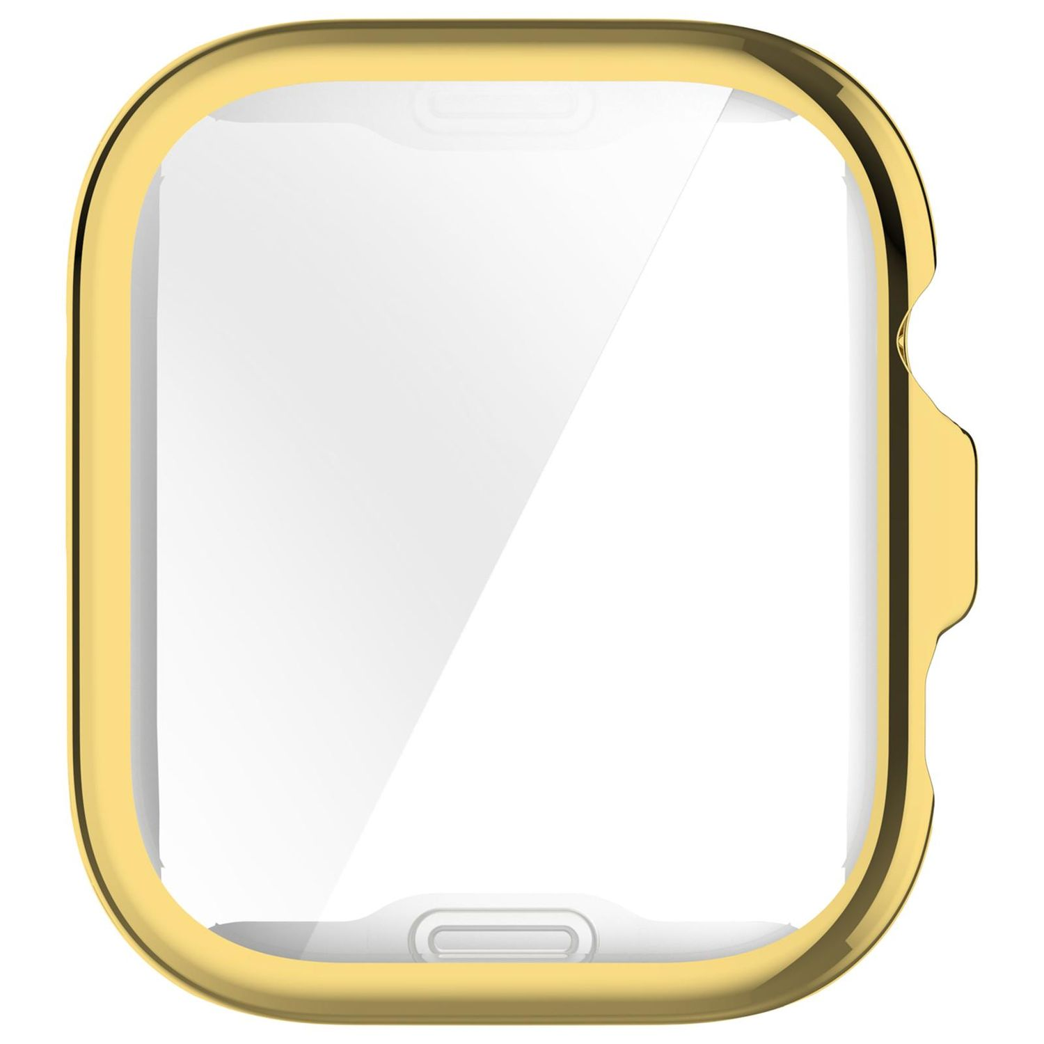 Die Rückseite eines goldenen Apple Watch-Gehäuses zeigt die Sensoren in der schwarzen Uhr und einen roten Knopf.