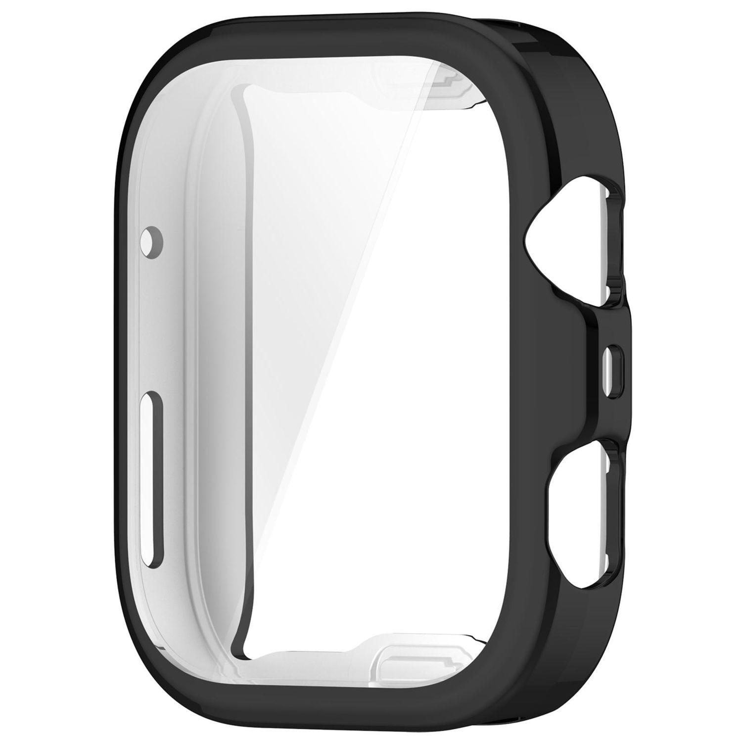 Schwarzes Apple Watch-Gehäuse. Eine transparente Displayschutzfolie ist sichtbar. Das Gehäuse hat Aussparungen.