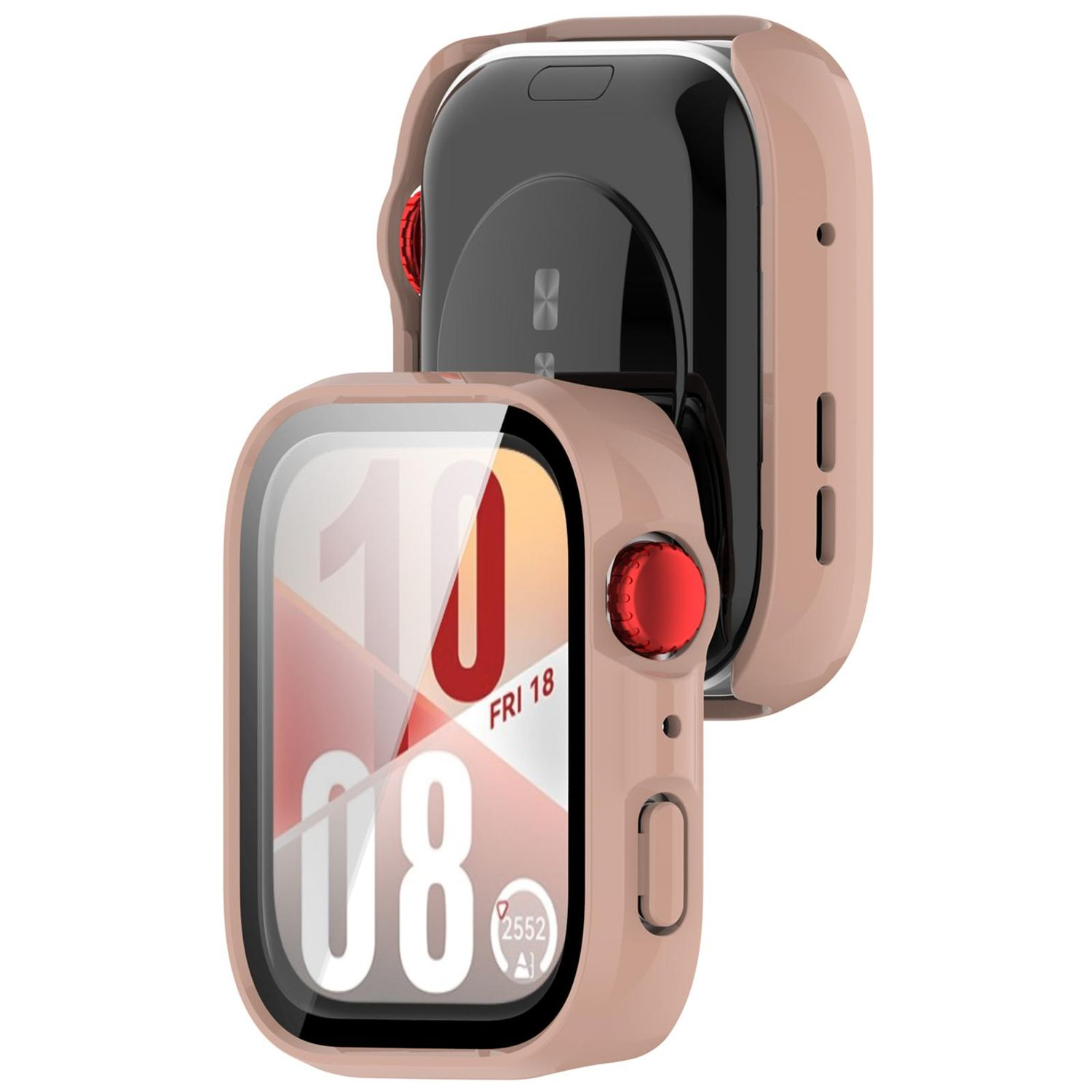 Eine Smartwatch mit Gehäuseabdeckung, die den Bildschirm und die Uhrzeit zeigt. Roter Knopf an der Seite.