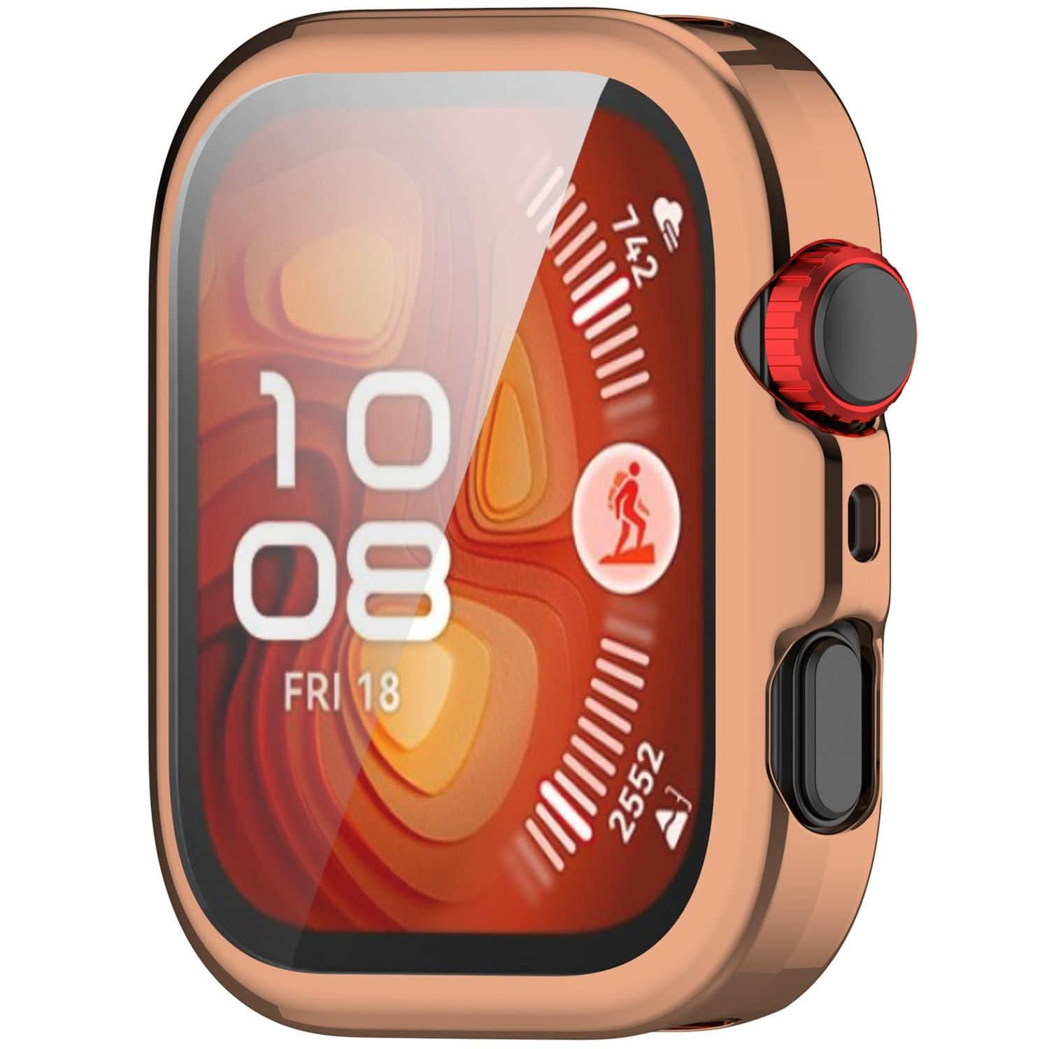 Smartwatch mit roségoldenem Gehäuse, klarer Displayschutzfolie und digitaler Zeitanzeige.