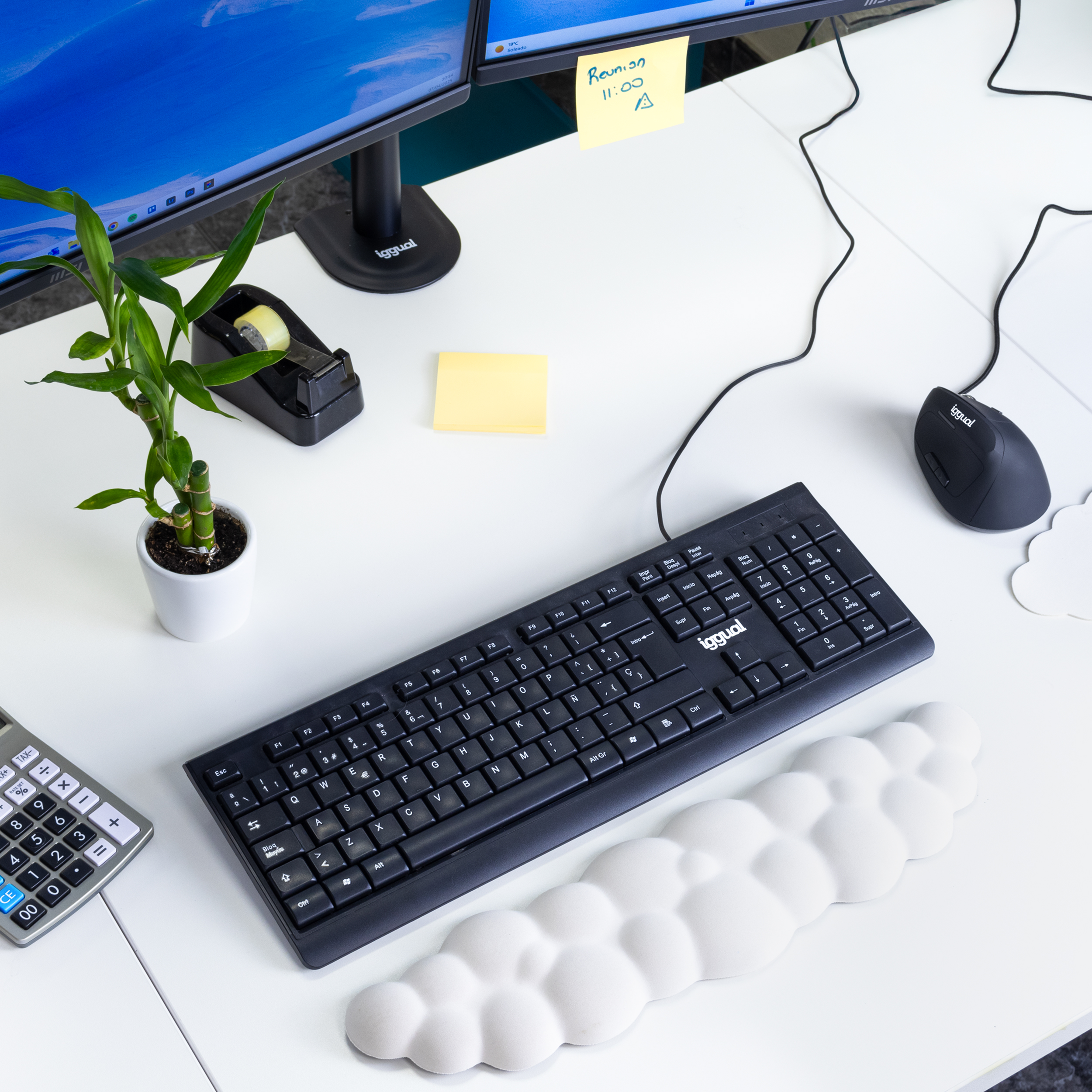 Biurko z klawiaturą, myszą, rośliną bambusa, karteczkami samoprzylepnymi i monitorem. Tło to monitor.