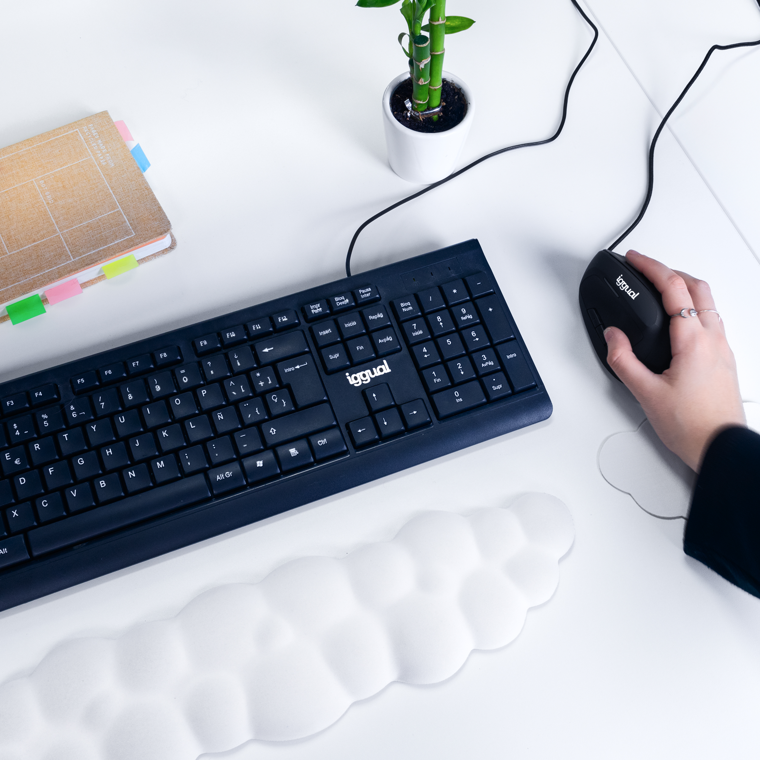 Biurko z klawiaturą, dłonią trzymającą mysz, notatnikiem i rośliną bambusa.