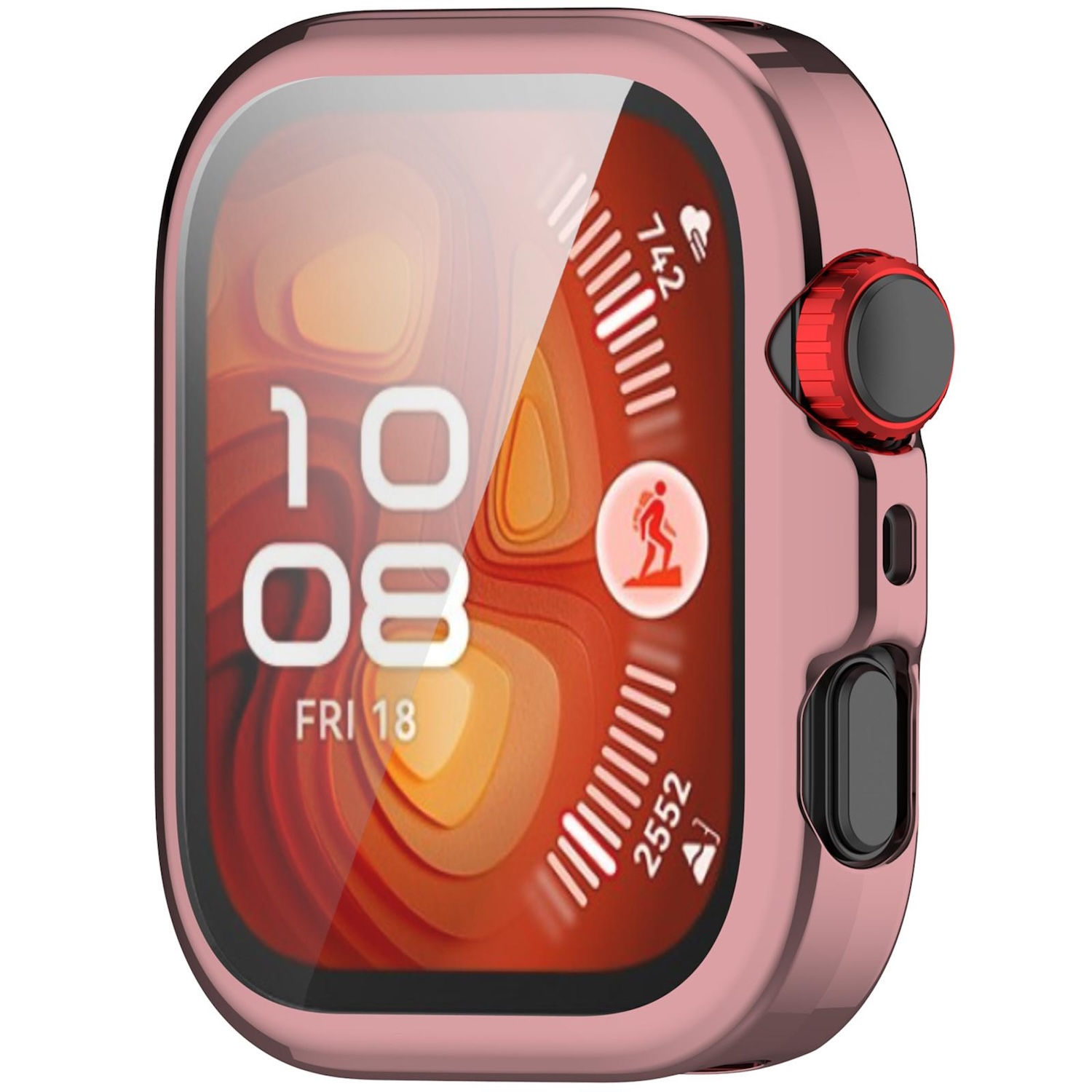 Roségoldenes Apple Watch-Gehäuse mit rotem Knopf. Der Bildschirm zeigt Zeit, Datum und Aktivitätsdaten.