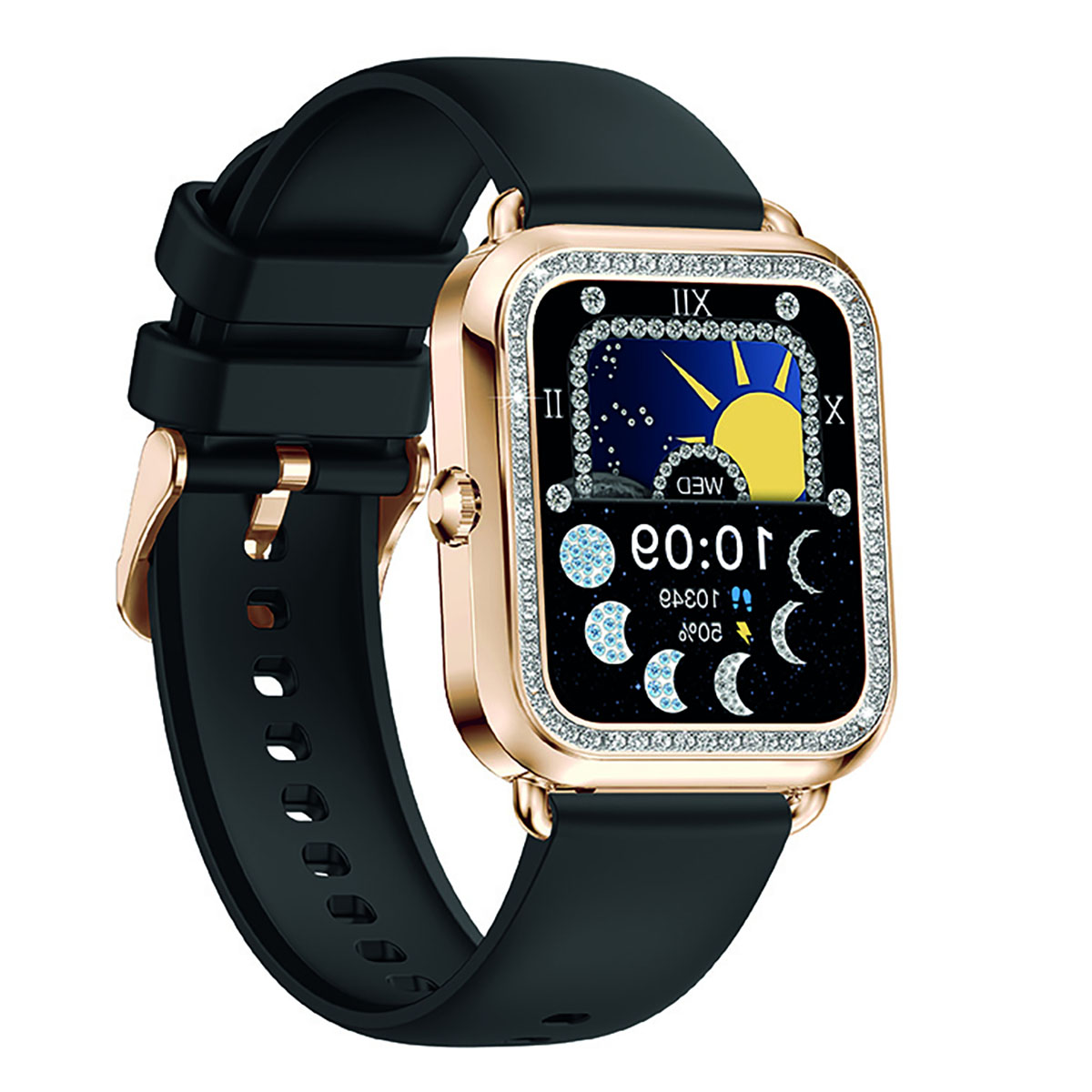 Montre connectée or et noire affichant l'heure, la date et les phases lunaires.