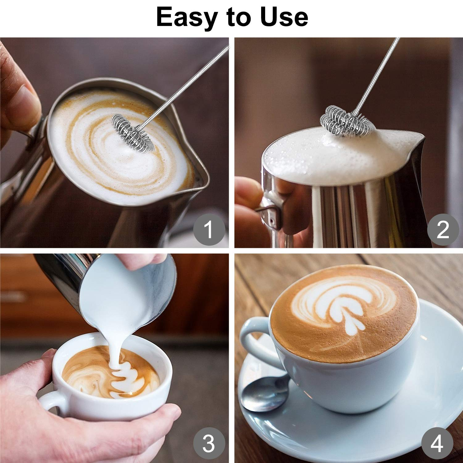 Vier Bilder von aufschäumender Milch. Aufschäumer zum Aufschäumen von Milch für Kaffee. Kaffeetasse am Ende.