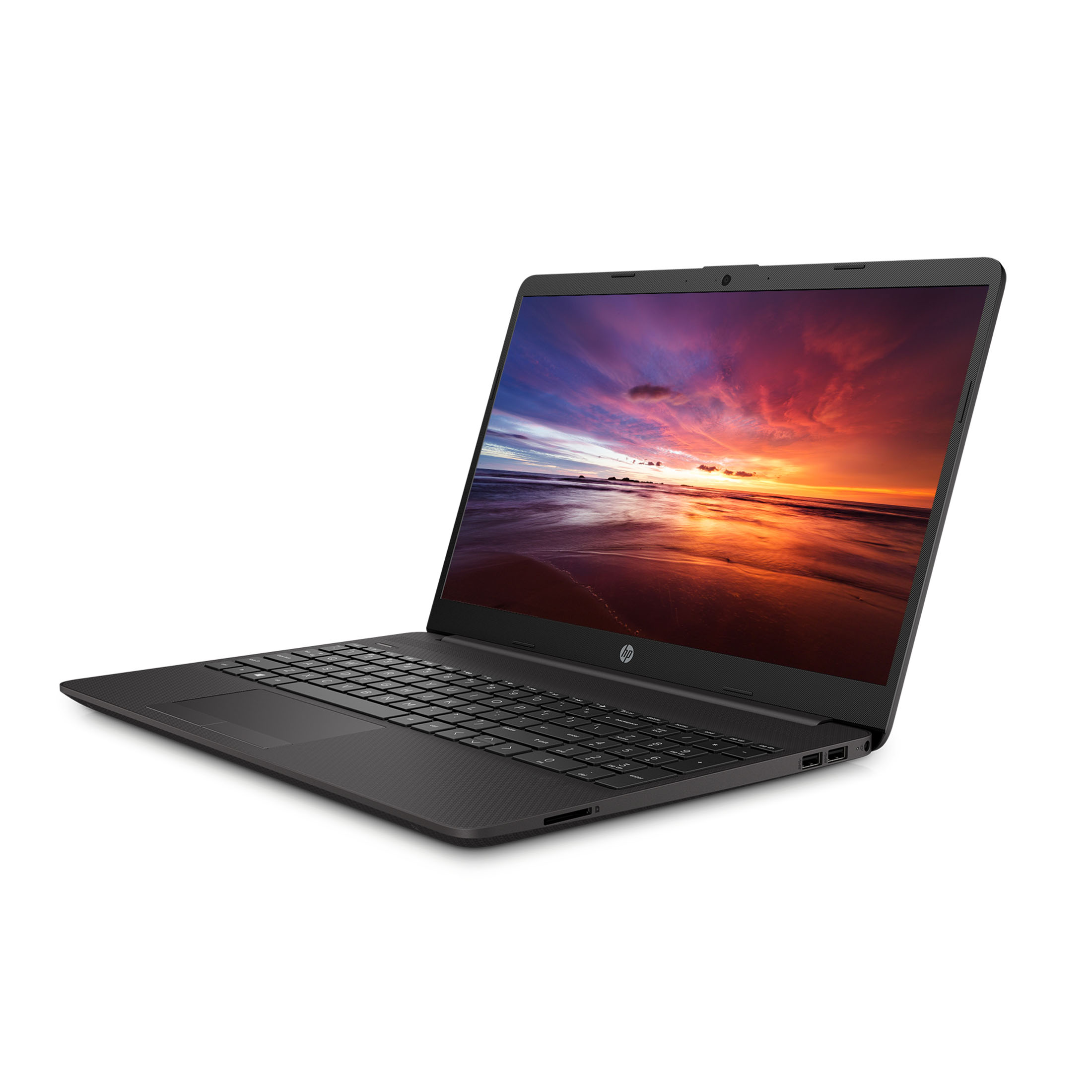Laptop nero con immagine del tramonto sullo schermo, angolato su sfondo bianco.