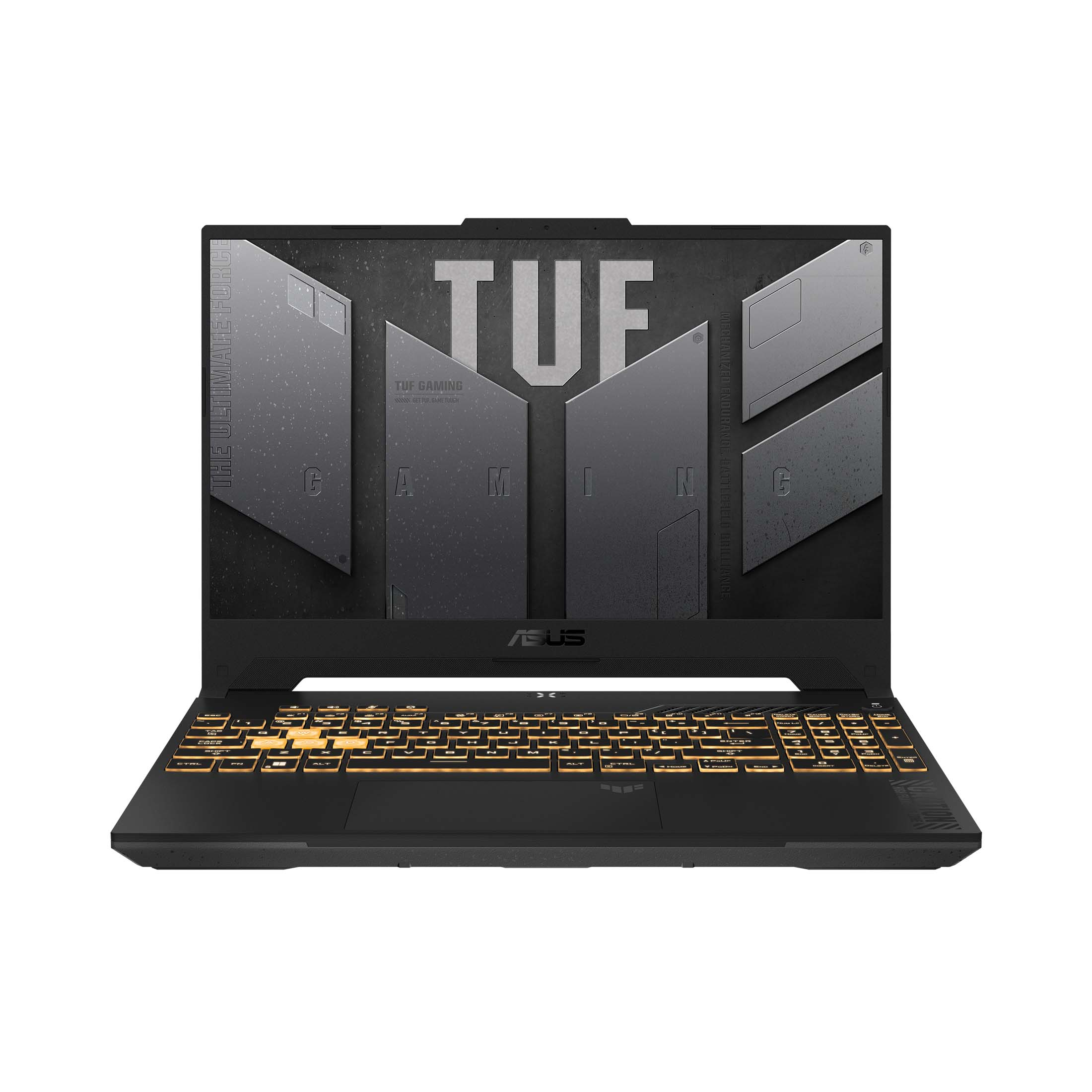 Schwarzer Laptop mit beleuchteten Tasten, geöffnet auf weißem Hintergrund. Der Bildschirm zeigt Text.