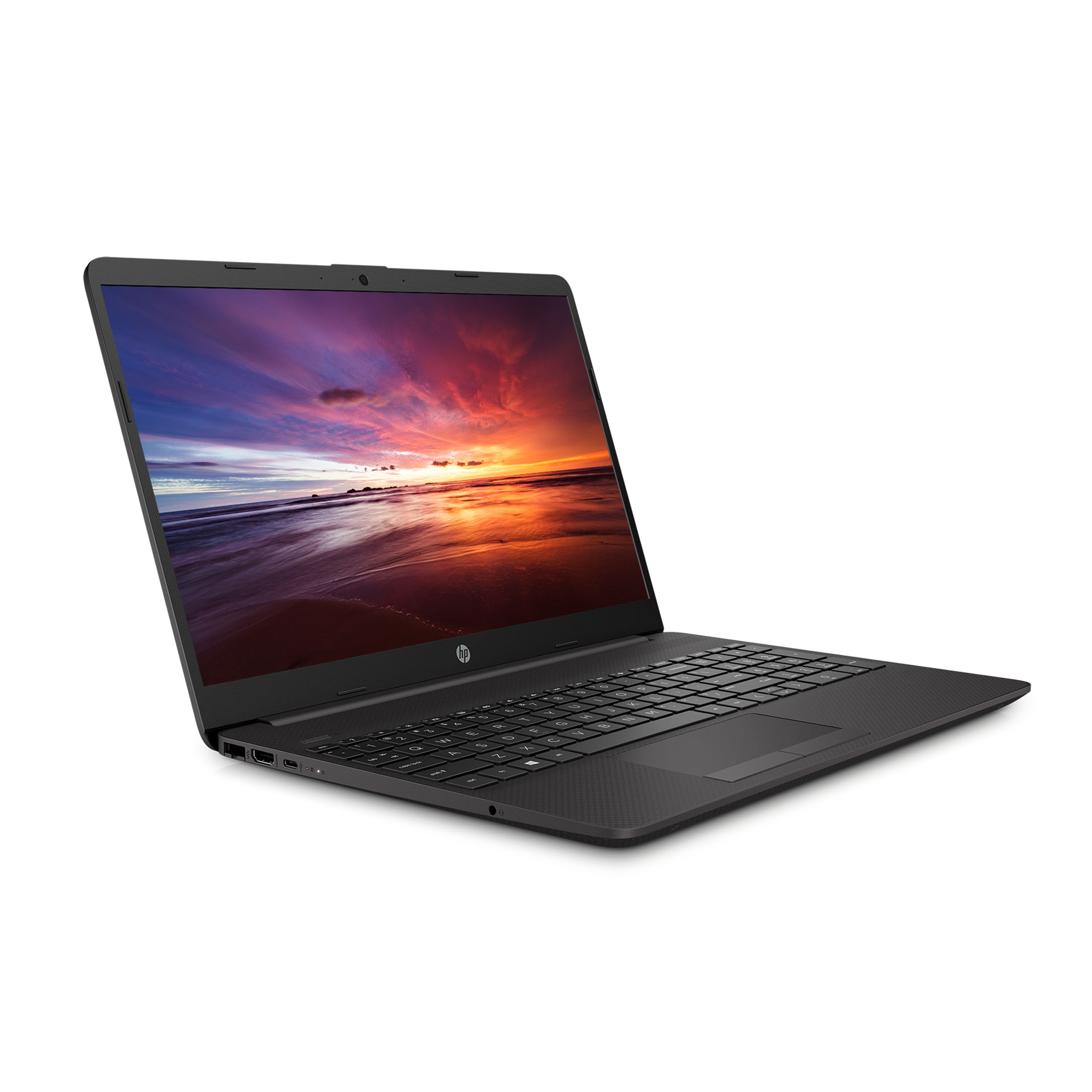 Laptop nero con immagine del tramonto sullo schermo, angolato su sfondo bianco.