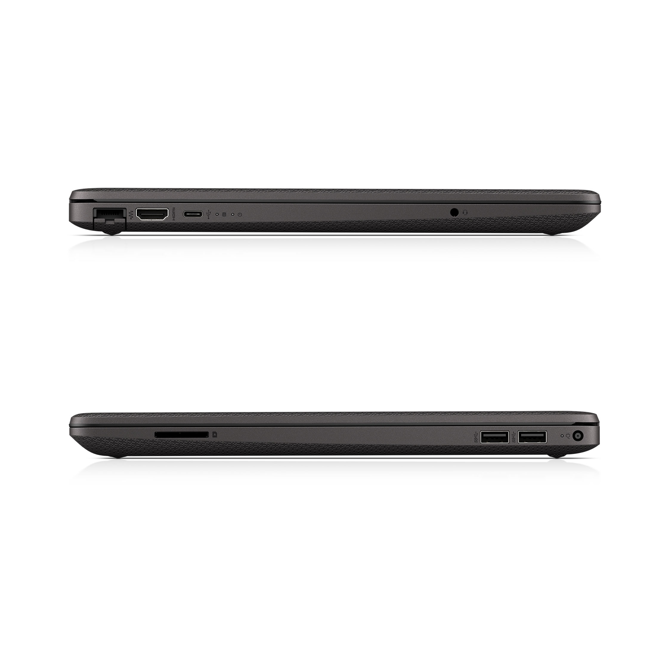 Due viste laterali di un laptop grigio scuro. Il laptop superiore ha delle porte. Anche il laptop inferiore è grigio.