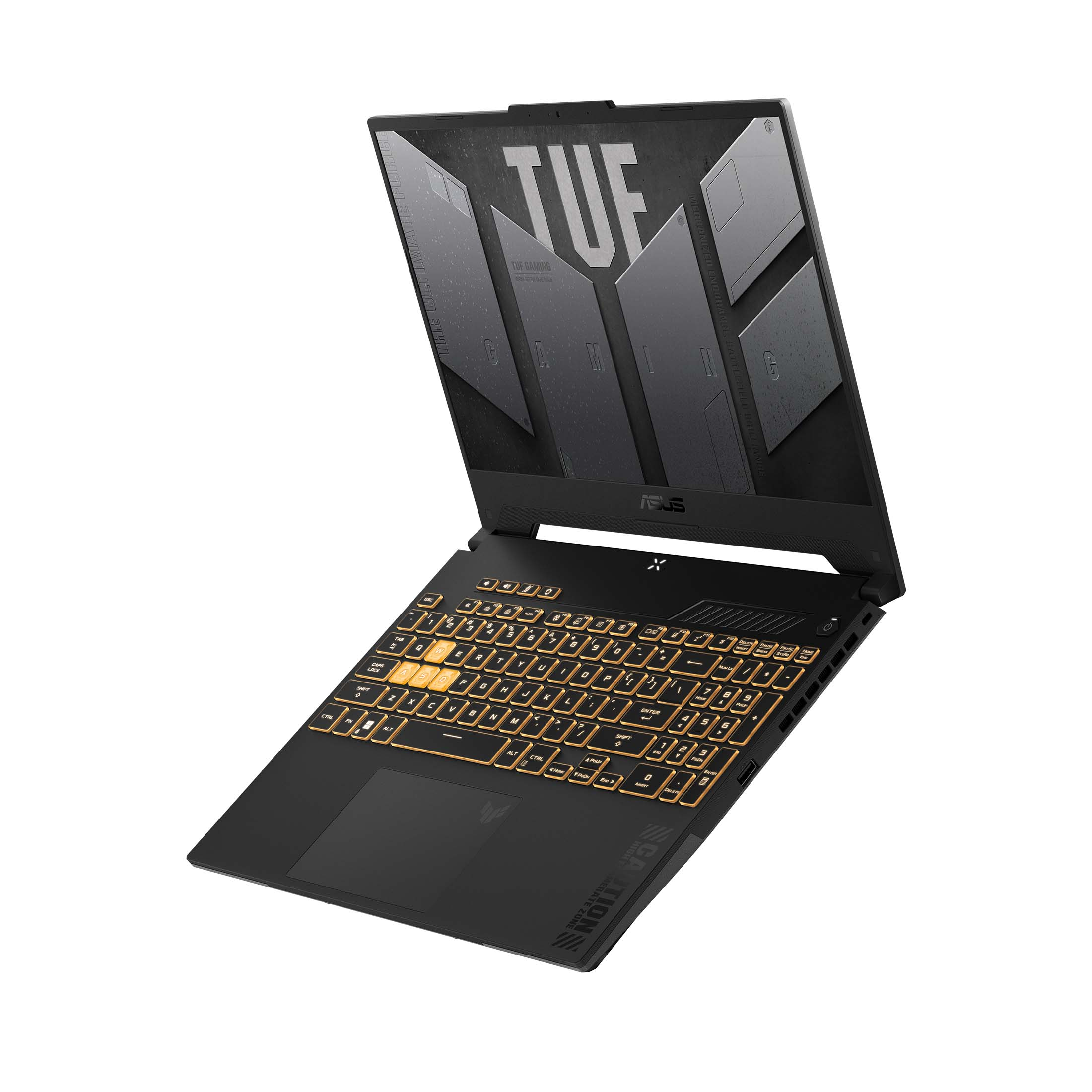 Schwarzer Laptop mit beleuchteten Tasten, geöffnet auf weißem Hintergrund. Der Bildschirm zeigt Text.