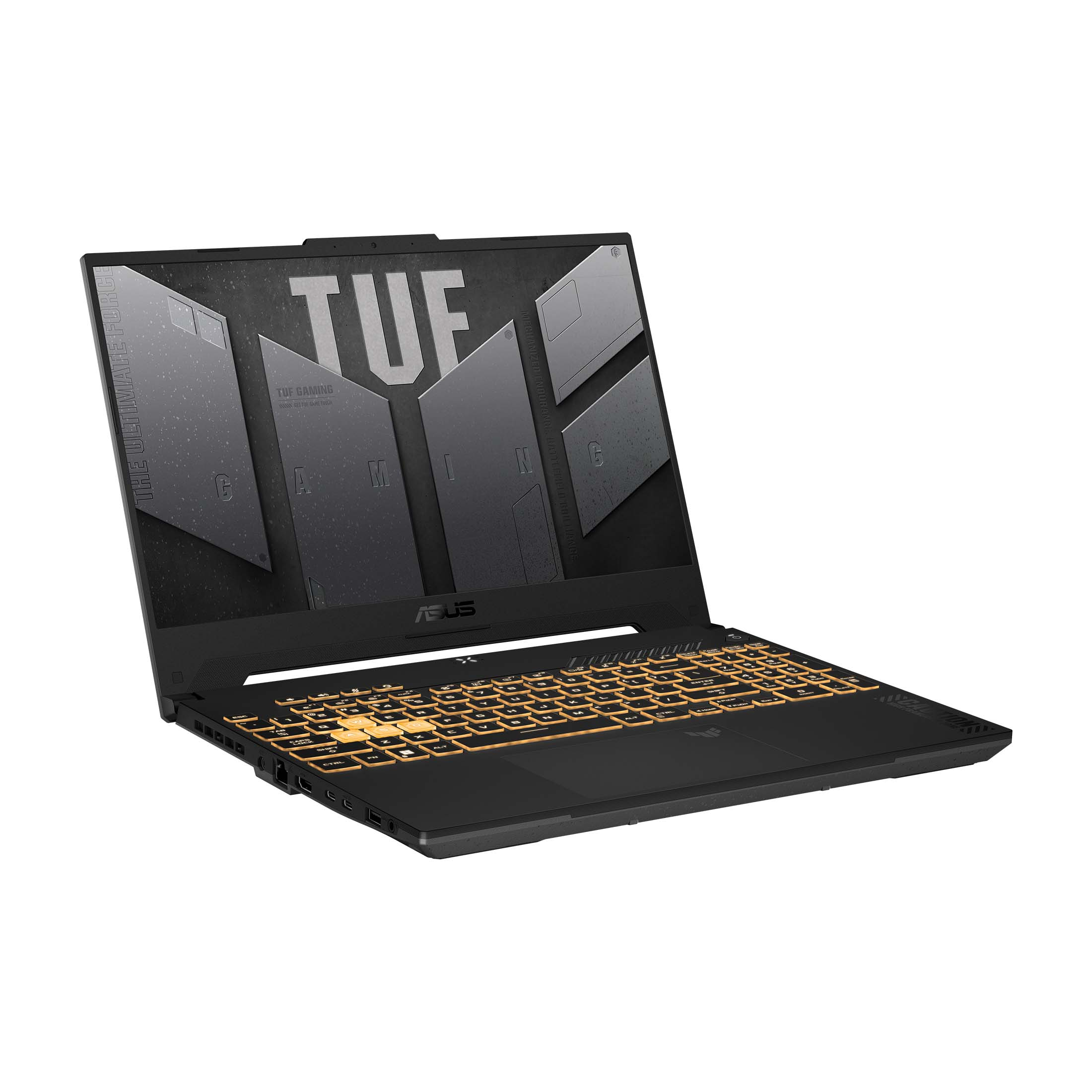 Schwarzer Laptop mit beleuchteten Tasten, geöffnet auf weißem Hintergrund. Der Bildschirm zeigt Text.