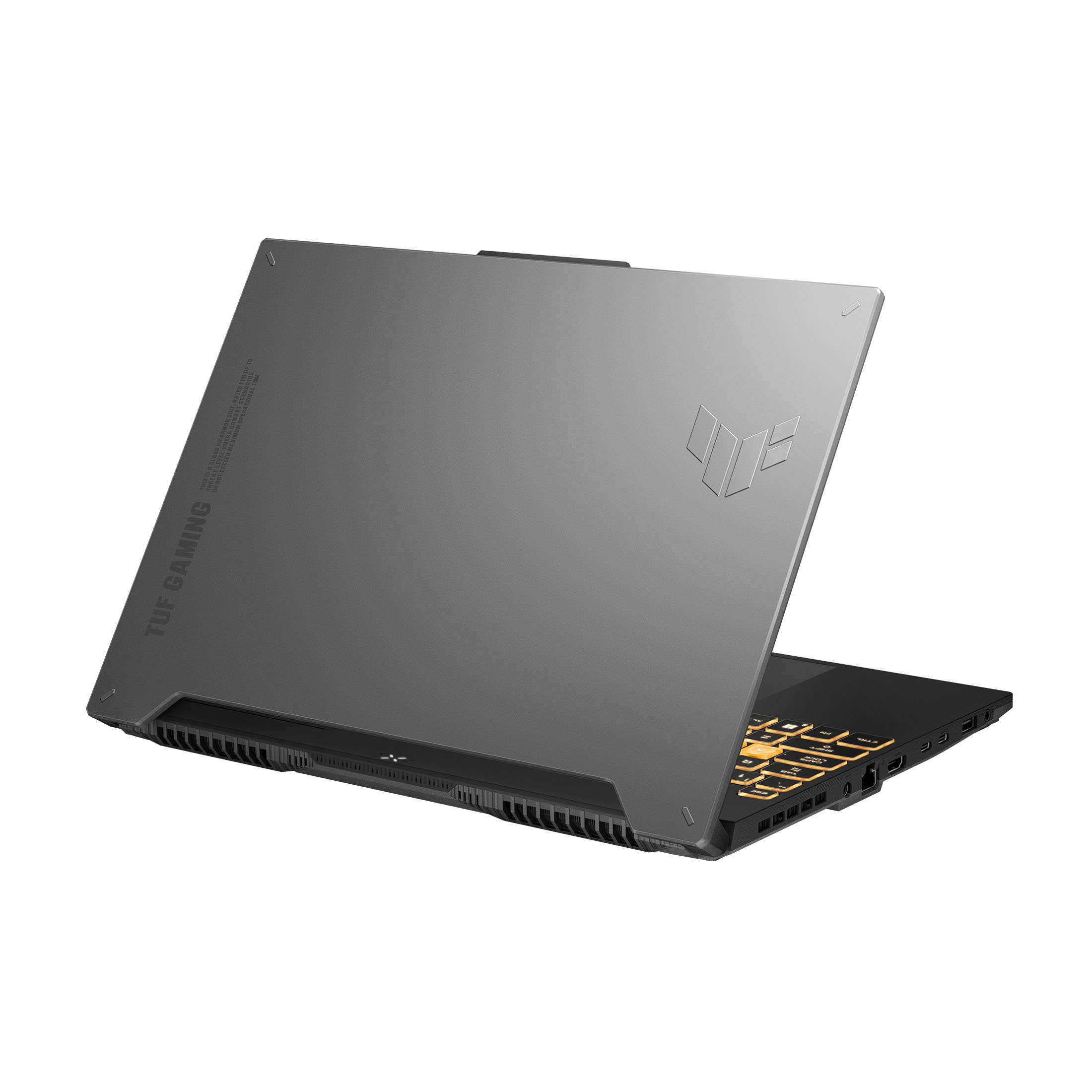 Grauer TUF Gaming Laptop, teilweise geöffnet. Rückseite des Deckels zeigt TUF-Logo. Beleuchtete Tastatur sichtbar, schräge Ansicht.