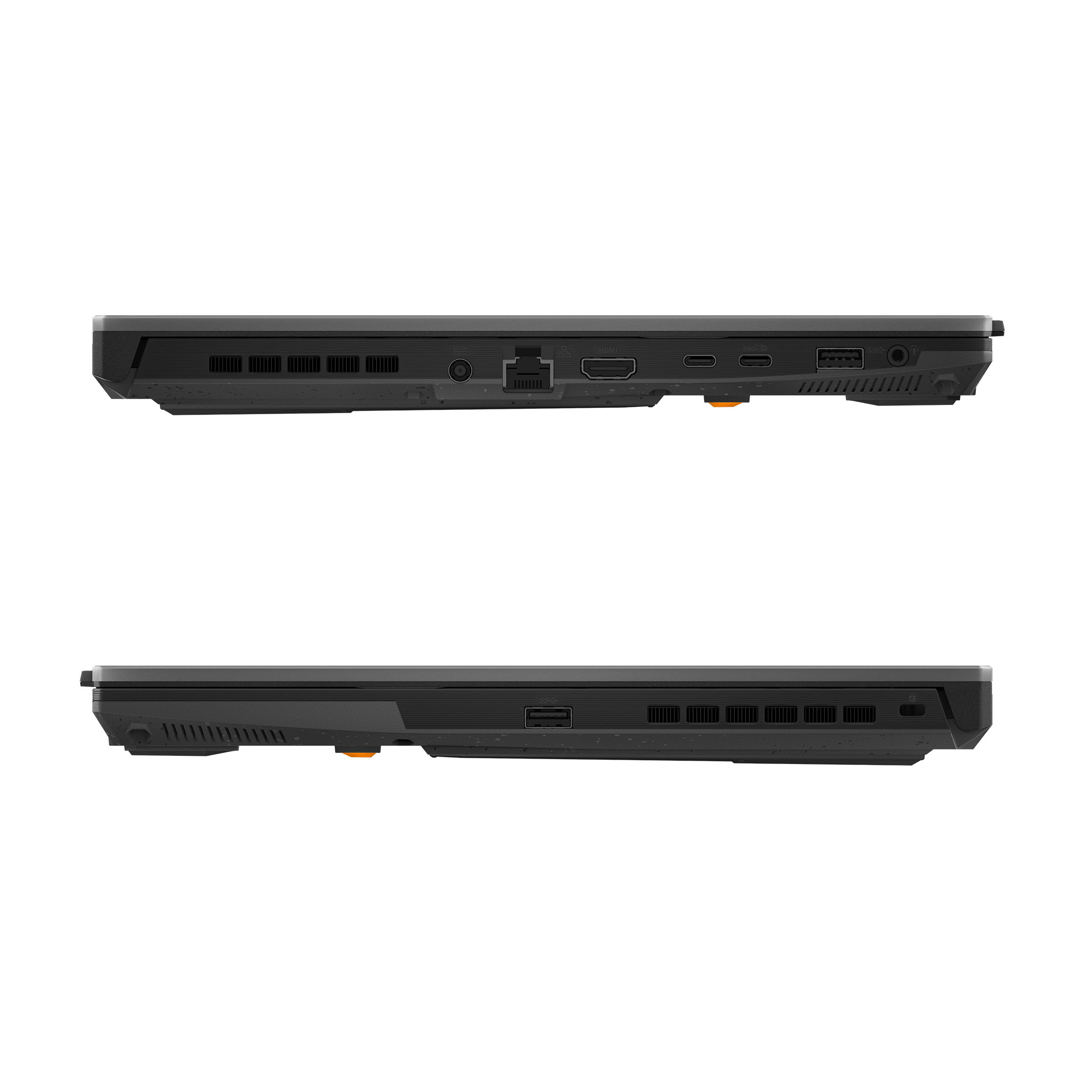 Zwei Seitenansichten eines dunkelgrauen Laptops. Der obere Laptop hat Anschlüsse. Der untere Laptop ist ebenfalls grau.