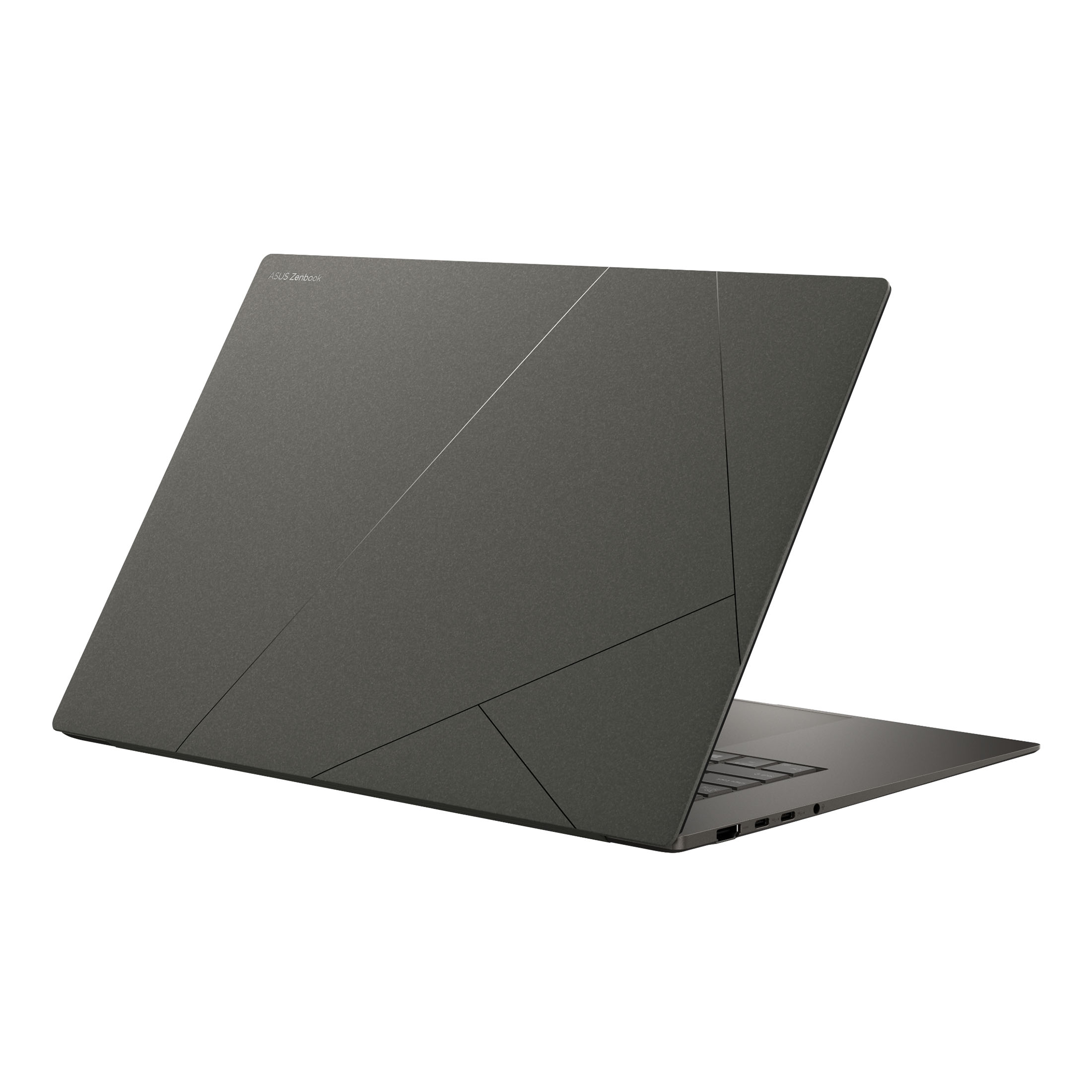 Dunkelgrauer ASUS Zenbook Laptop, Rückansicht. Winklige Linien auf dem Deckel. Schlankes und modernes Aussehen.