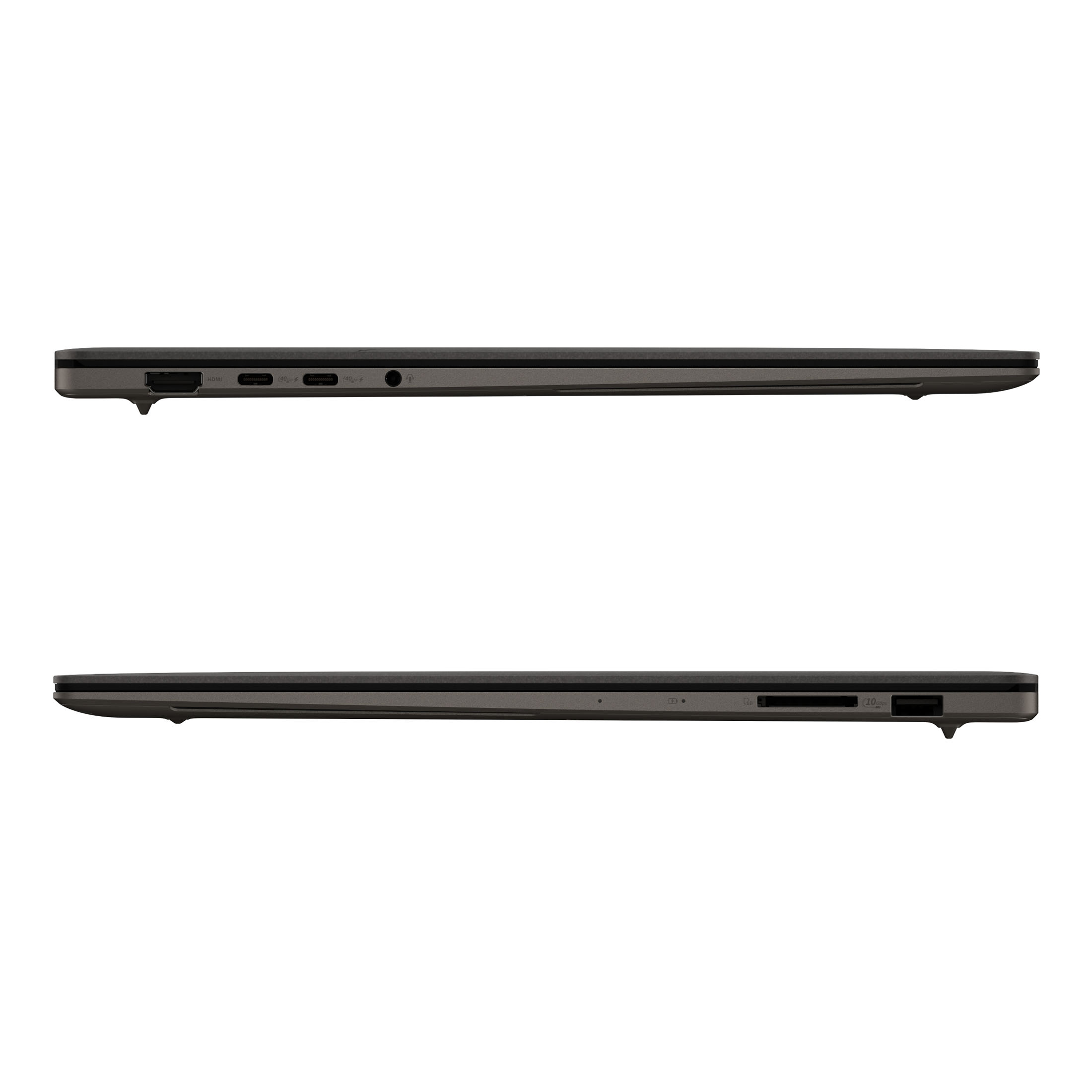 Zwei Seitenansichten eines dunkelgrauen Laptops. Anschlüsse auf der linken und rechten Seite sichtbar.