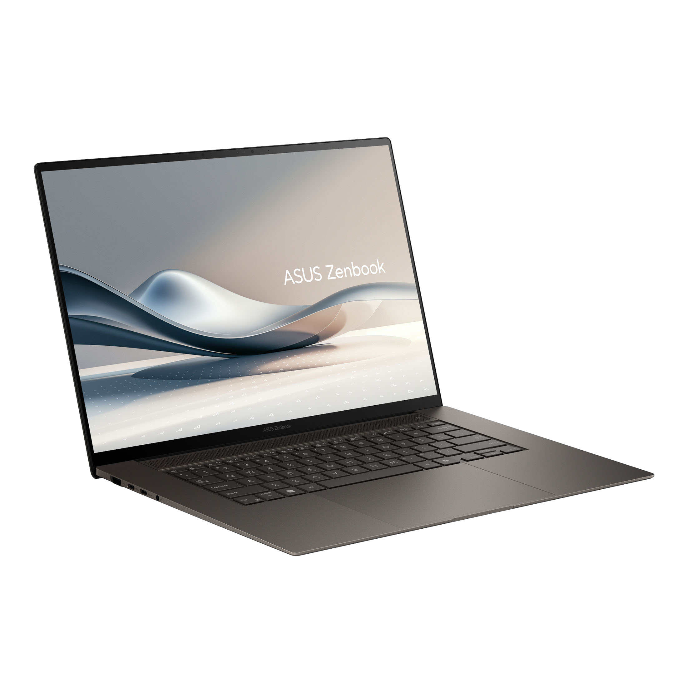 Asus Zenbook, diagonale Ansicht. Der Bildschirm zeigt ein wellenförmiges Design. Tastatur sichtbar. Dunkelgraue Farbe. Weißer Hintergrund.