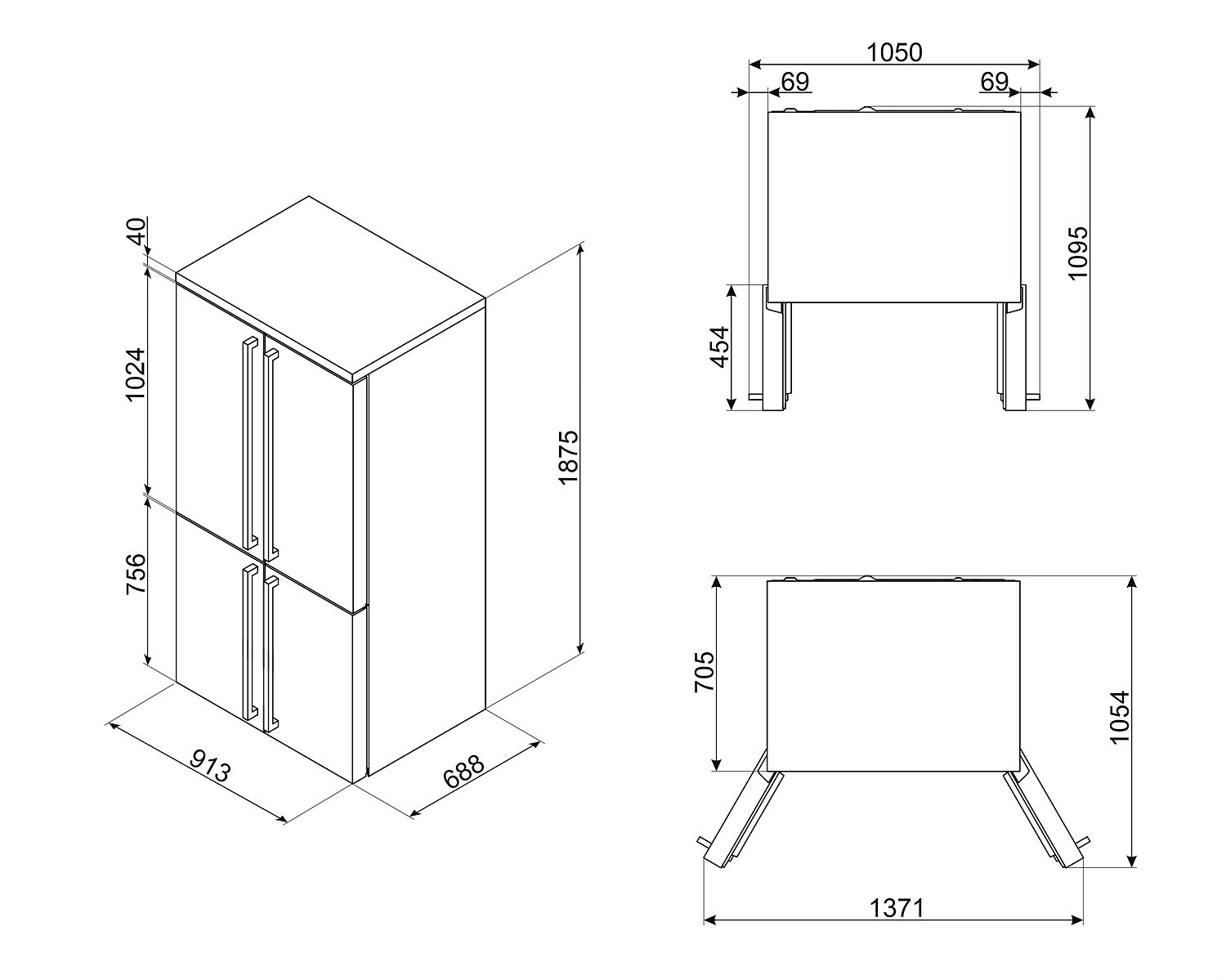 Dibujo técnico de un frigorífico. Muestra dimensiones y ángulos. Fondo blanco.
