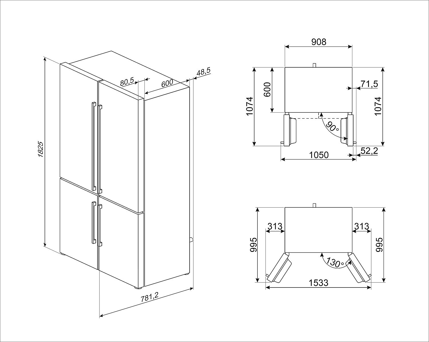 Diagrama de un refrigerador con dimensiones. Tiene cuatro puertas y varias vistas con medidas en mm.