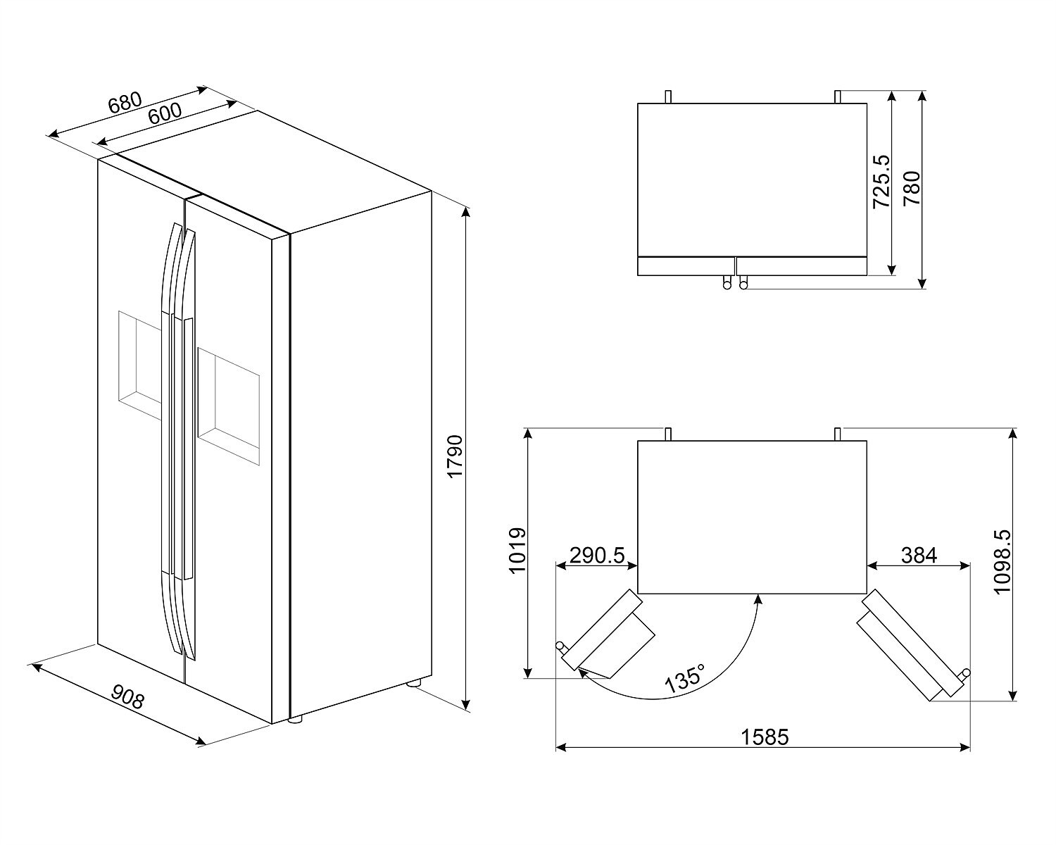 Diagrama de refrigerador con dimensiones: 908x1790x680 mm. Vista lateral y superior con ángulos.
