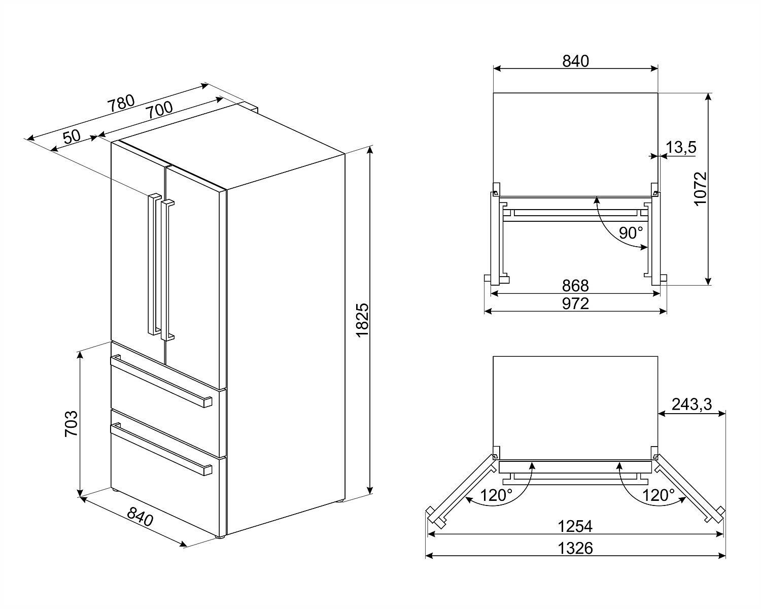 Diagrama de refrigerador con dimensiones: 700x1825x840 mm, vistas superior y lateral, ángulos.