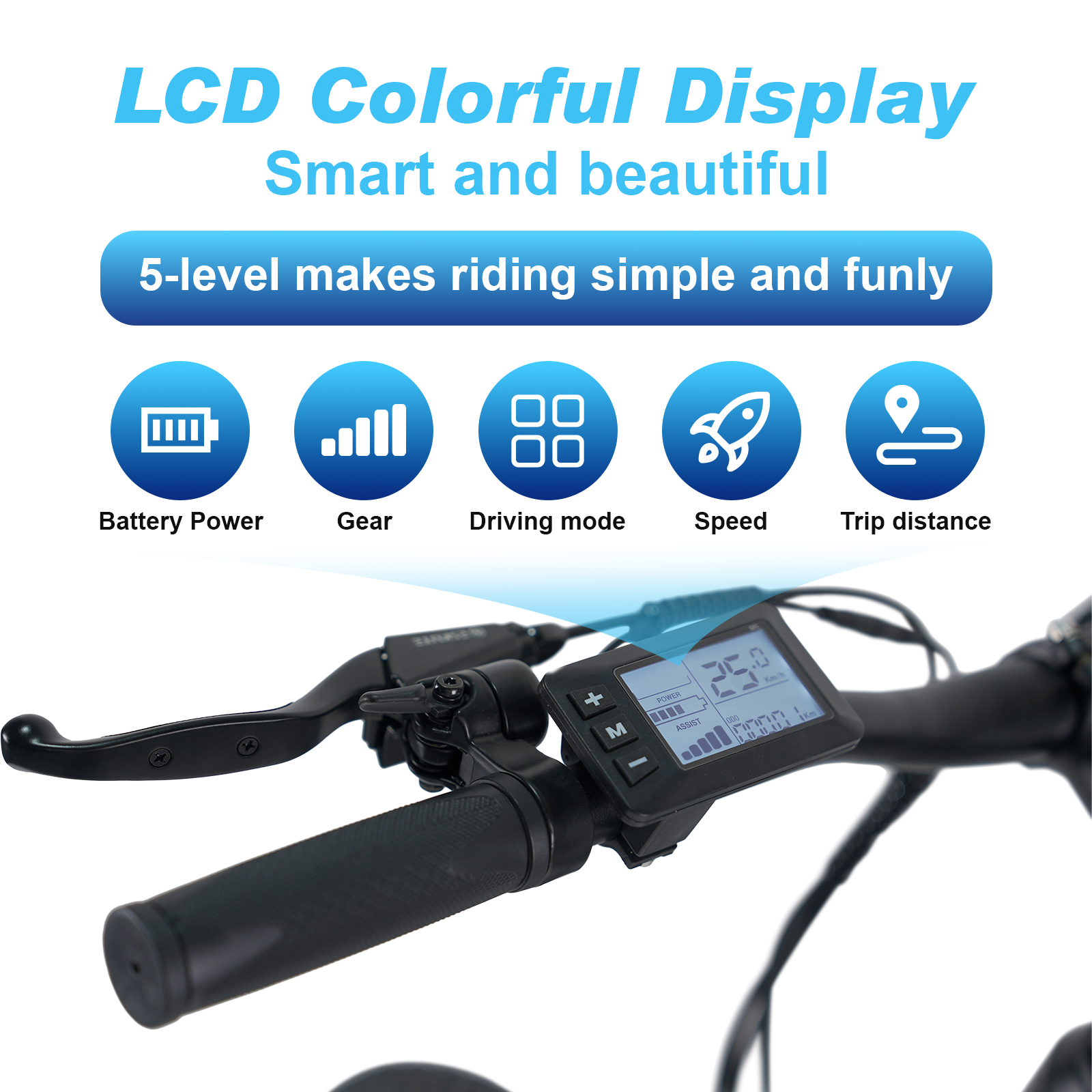 Kierownica roweru elektrycznego z wyświetlaczem: prędkość, bateria, tryb jazdy i dystans. Czarna obsługa.
