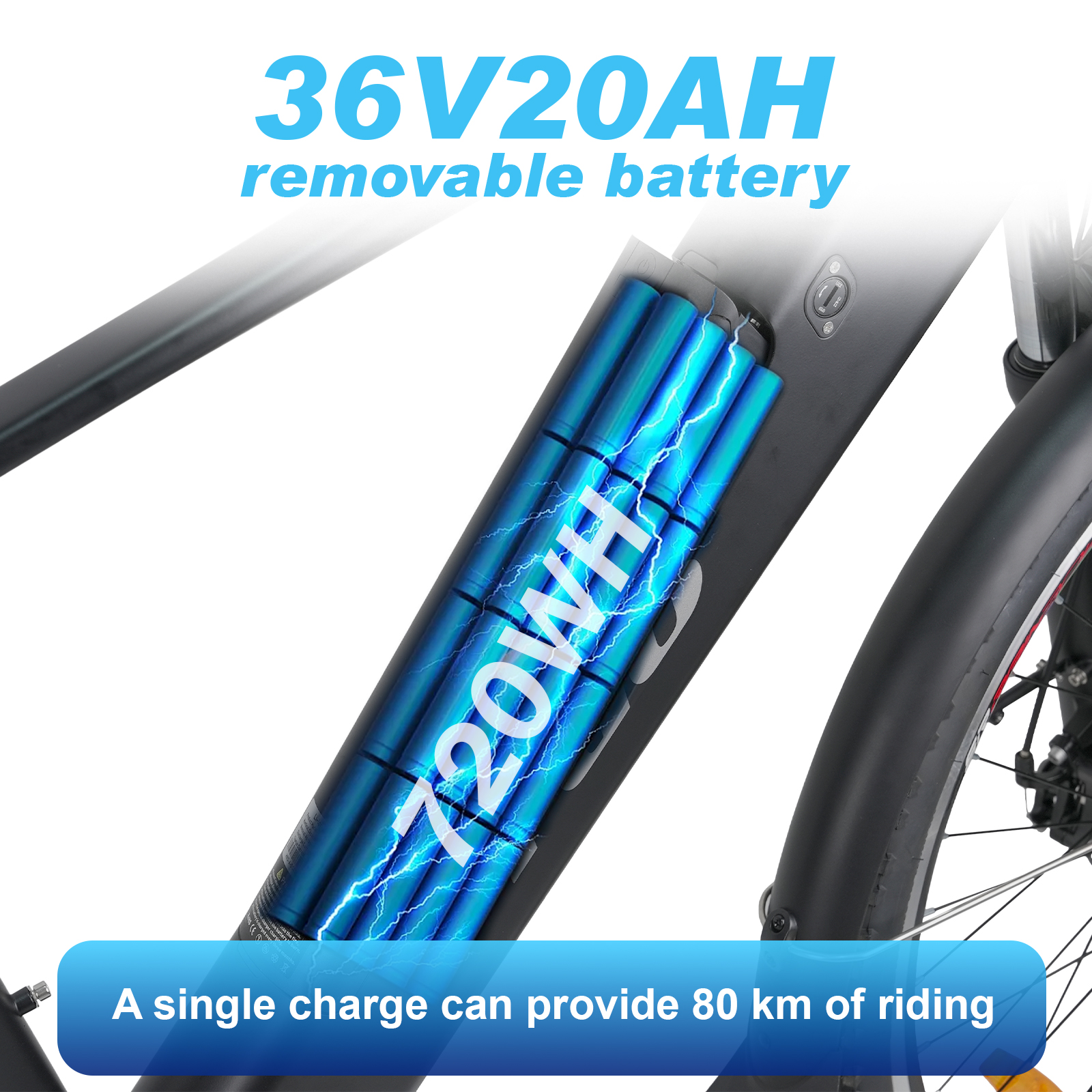 Zbliżenie na baterię roweru elektrycznego. Pokazuje 36V20AH, bateria jest niebieska. Jedno ładowanie zapewnia 80 km.