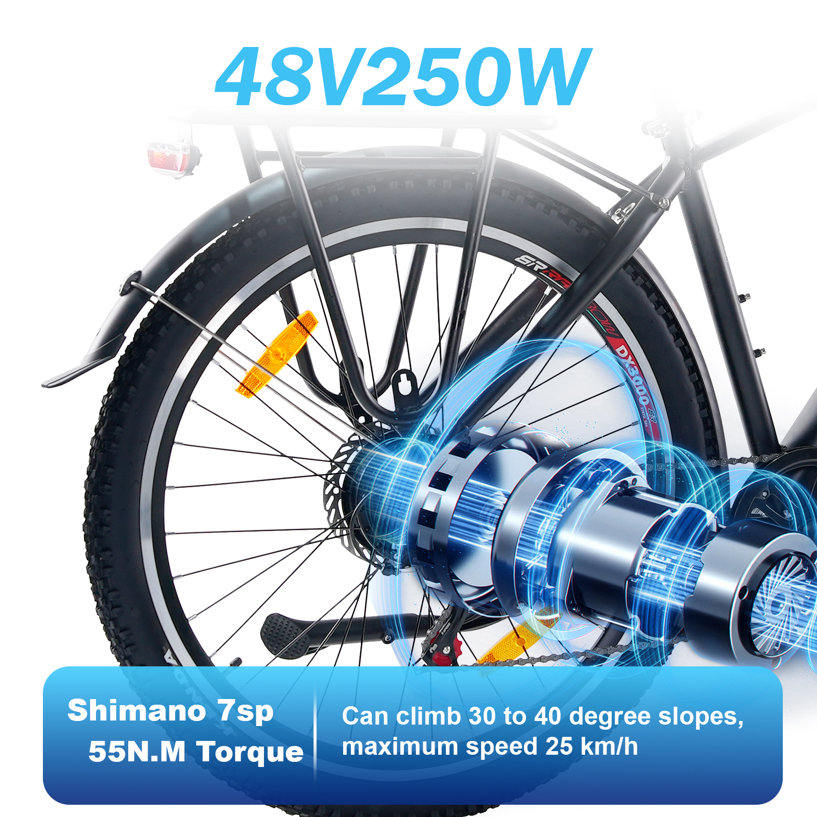 Tylne koło roweru elektrycznego z tekstem, Shimano 7sp, moment obrotowy 55N.M, prędkość max. 25 km/h.
