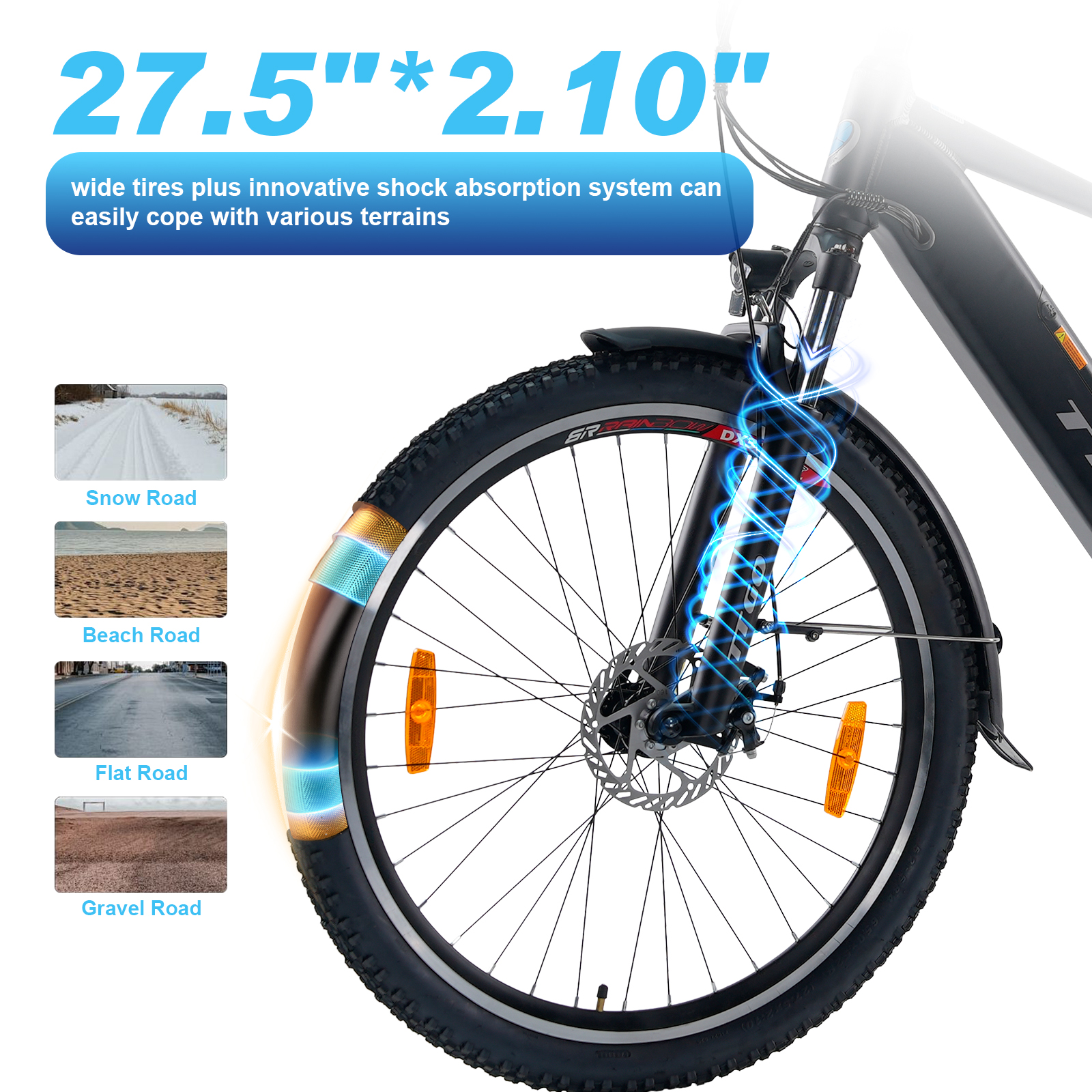 Zbliżenie koła roweru ze szczegółowym widokiem na system amortyzacji i detale opon.