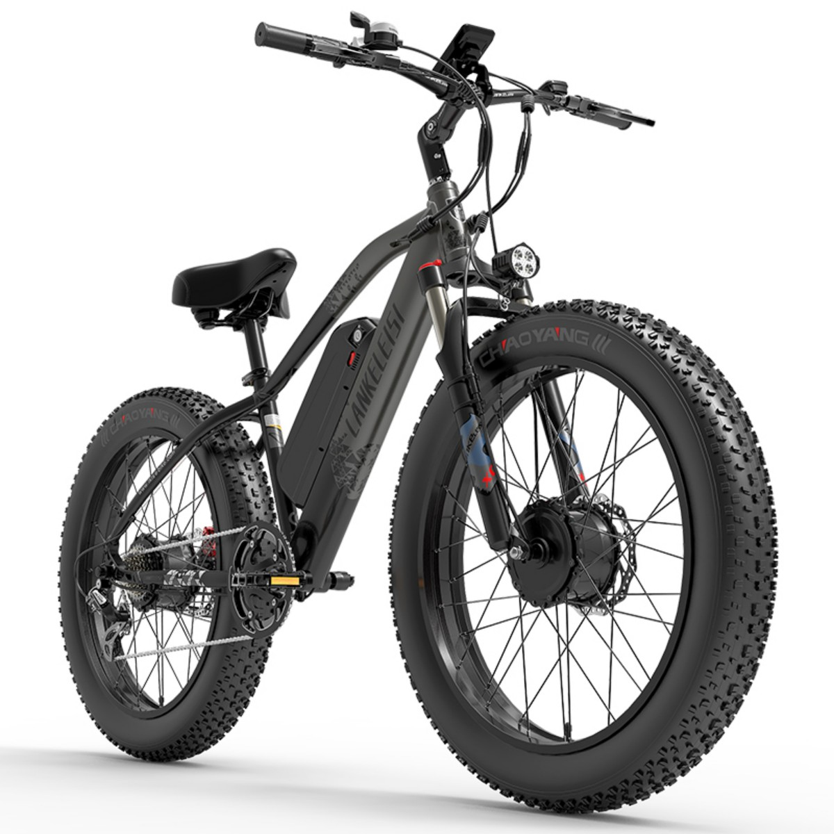 Schwarzes elektrisches Fatbike, Vorderansicht auf weißem Hintergrund. Marke Lankeleisi sichtbar.