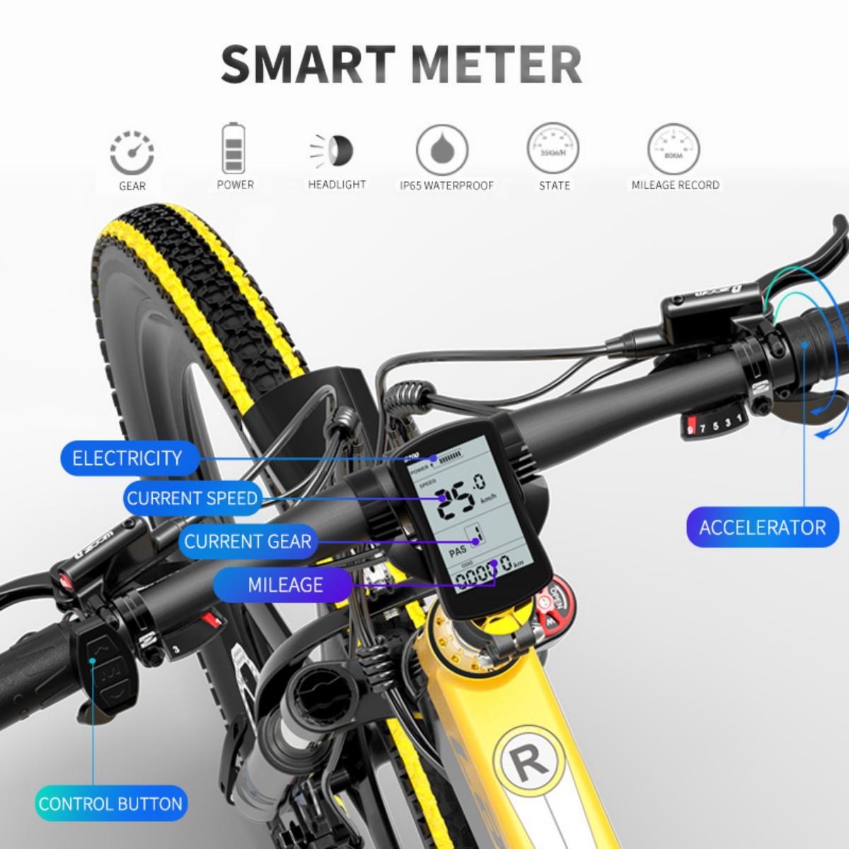 Zbliżenie kierownicy roweru elektrycznego. Wyświetla prędkościomierz, przyciski sterowania i etykiety.