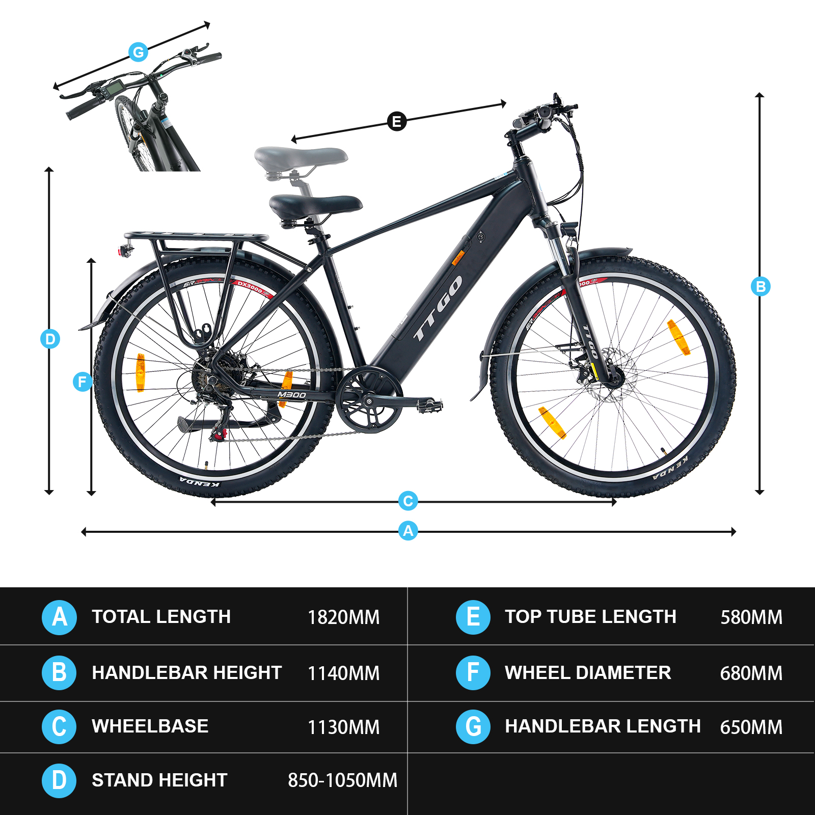 Schemat czarnego roweru elektrycznego z wymiarami. Zawiera długość całkowitą, wysokość kierownicy i więcej.