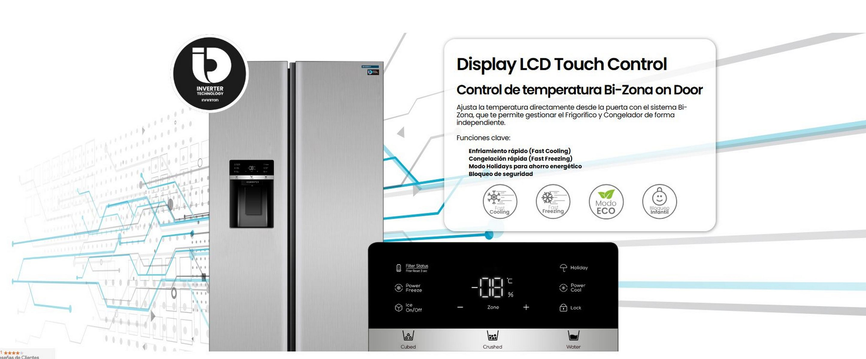 Refrigerador con panel de visualización que muestra el control de temperatura y funciones. Texto en español.