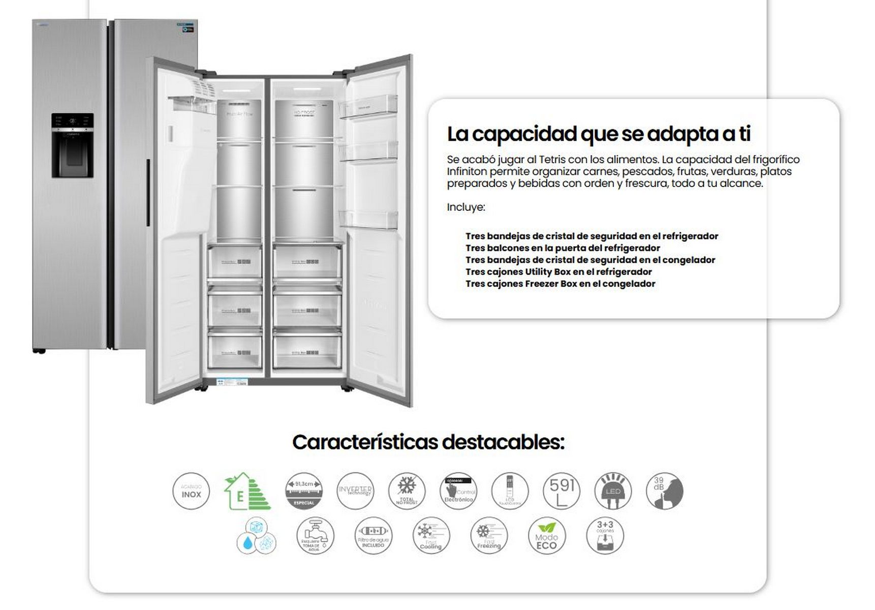 Refrigerador lado a lado plateado con texto y un refrigerador más pequeño y similar al lado.